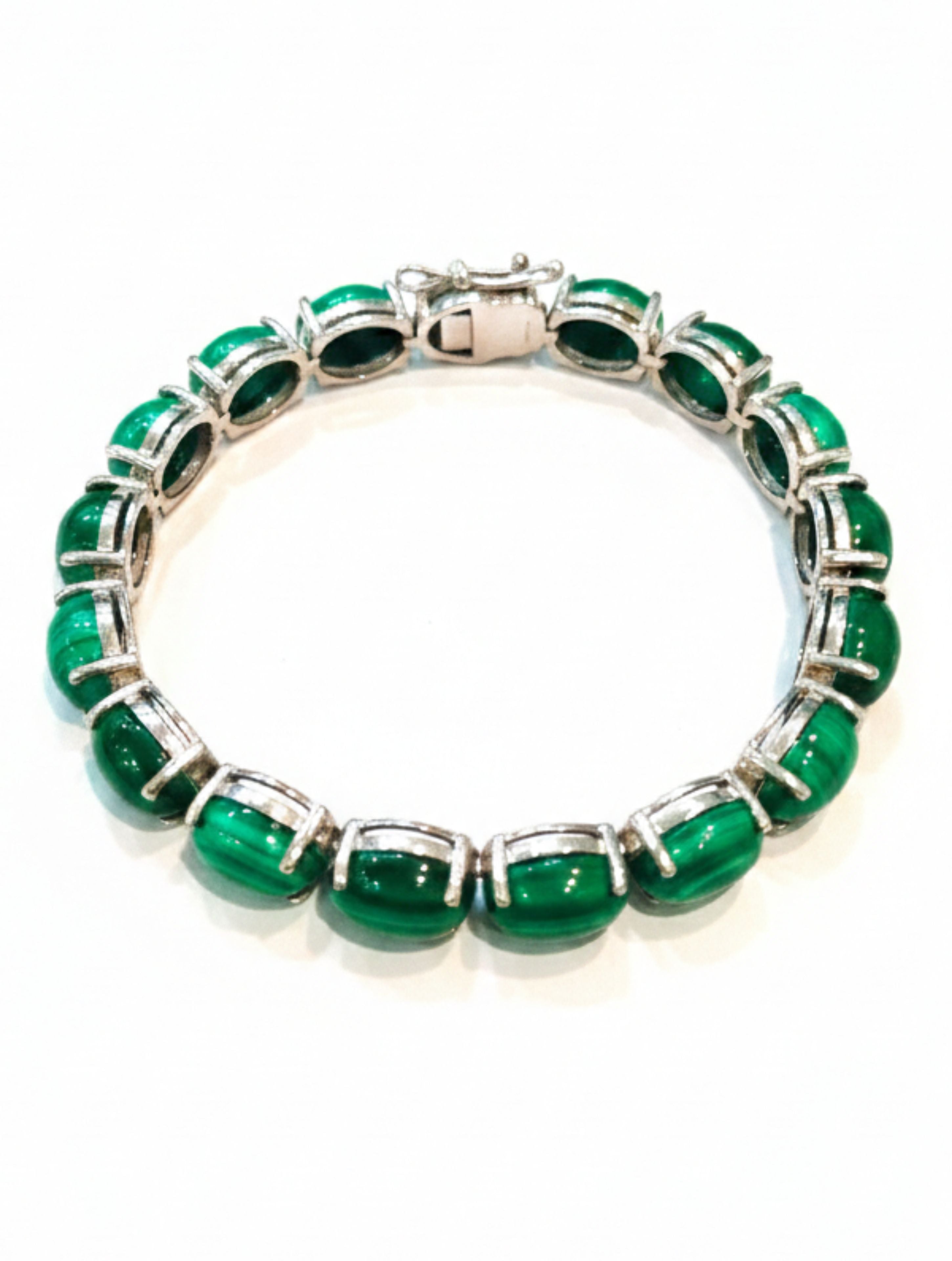 Rhodium Oval Malachite Pietra 925 Sterling Silver Bracelet For Women