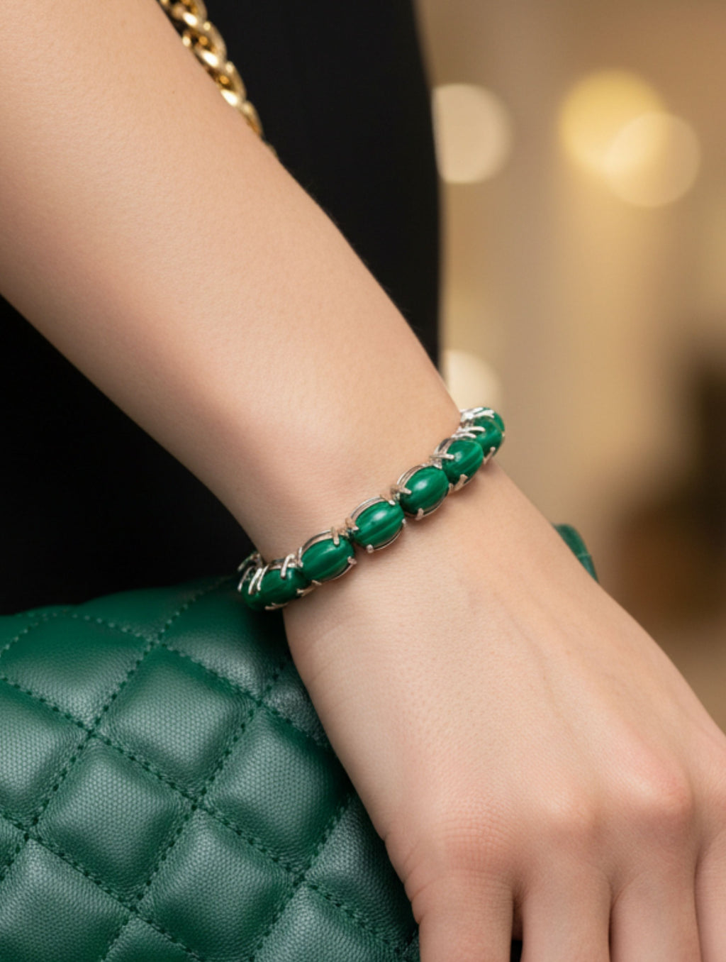 Rhodium Oval Malachite Pietra 925 Sterling Silver Bracelet For Women
