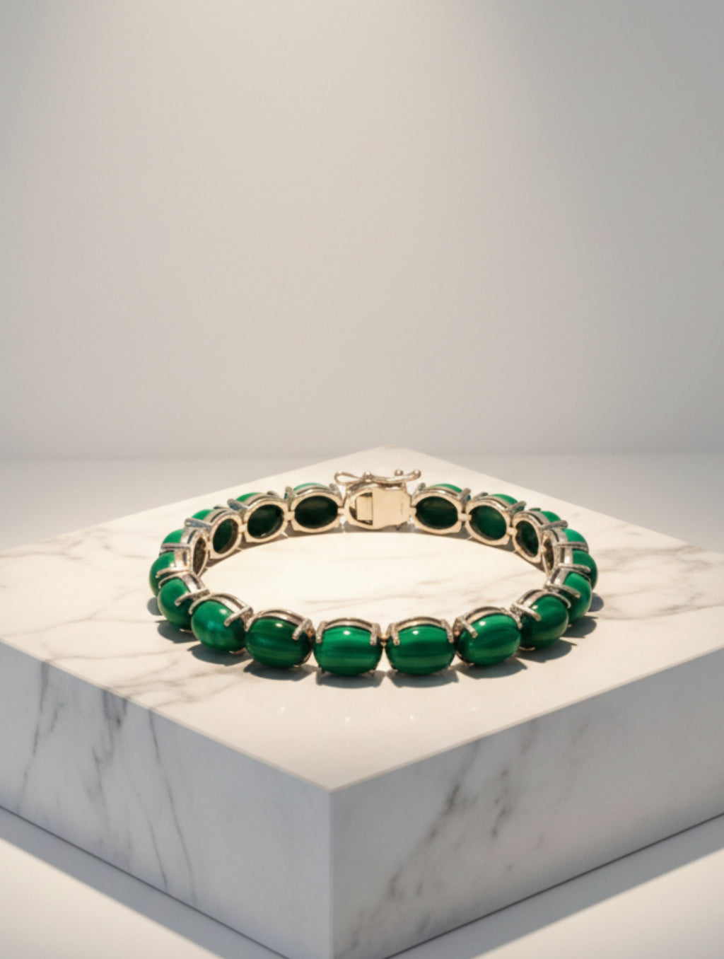 Rhodium Oval Malachite Pietra 925 Sterling Silver Bracelet For Women