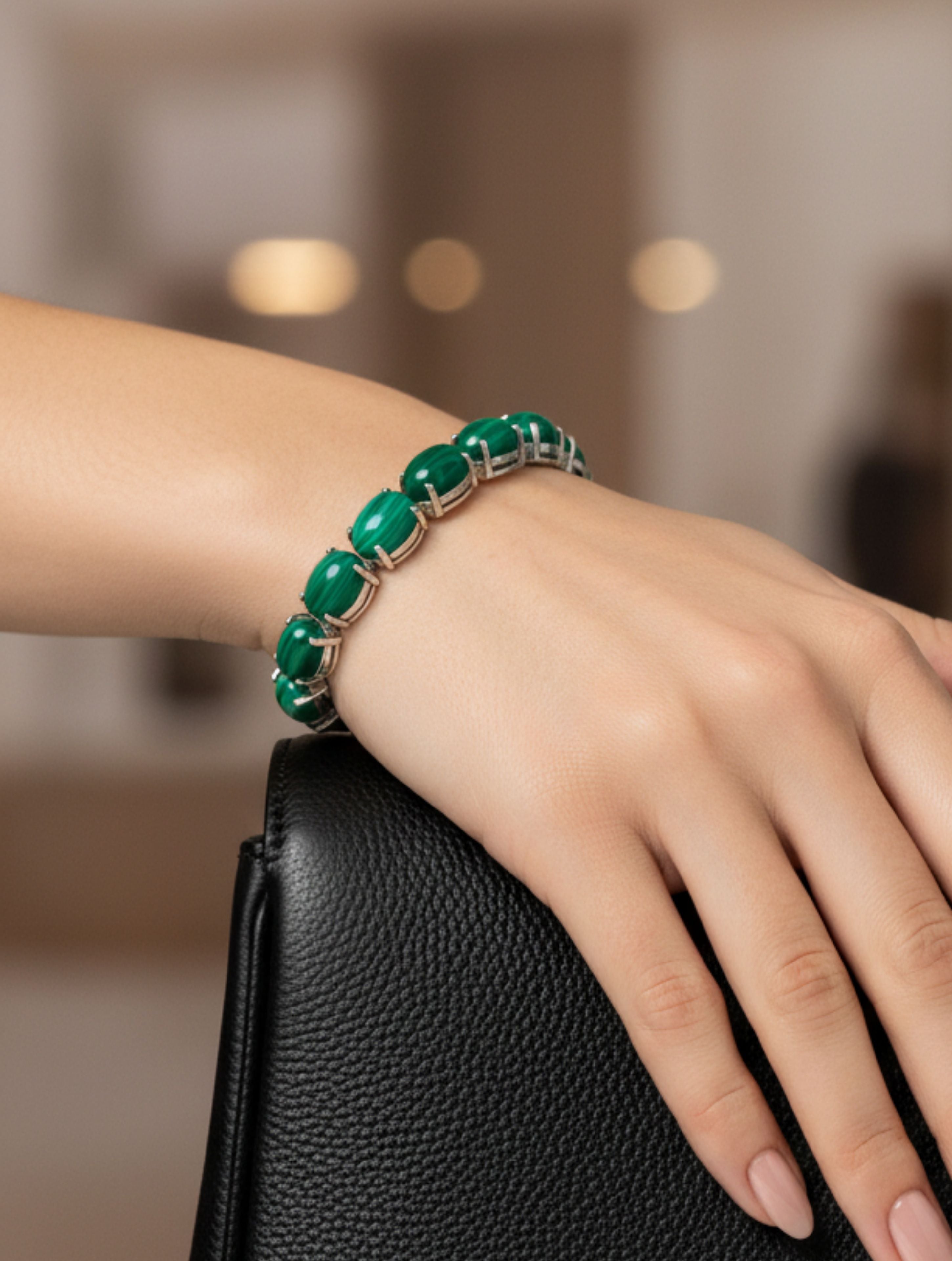 Rhodium Oval Malachite Pietra 925 Sterling Silver Bracelet For Women