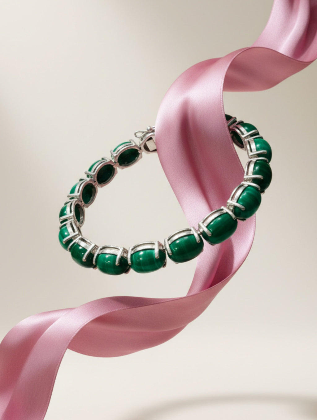 Rhodium Oval Malachite Pietra 925 Sterling Silver Bracelet For Women