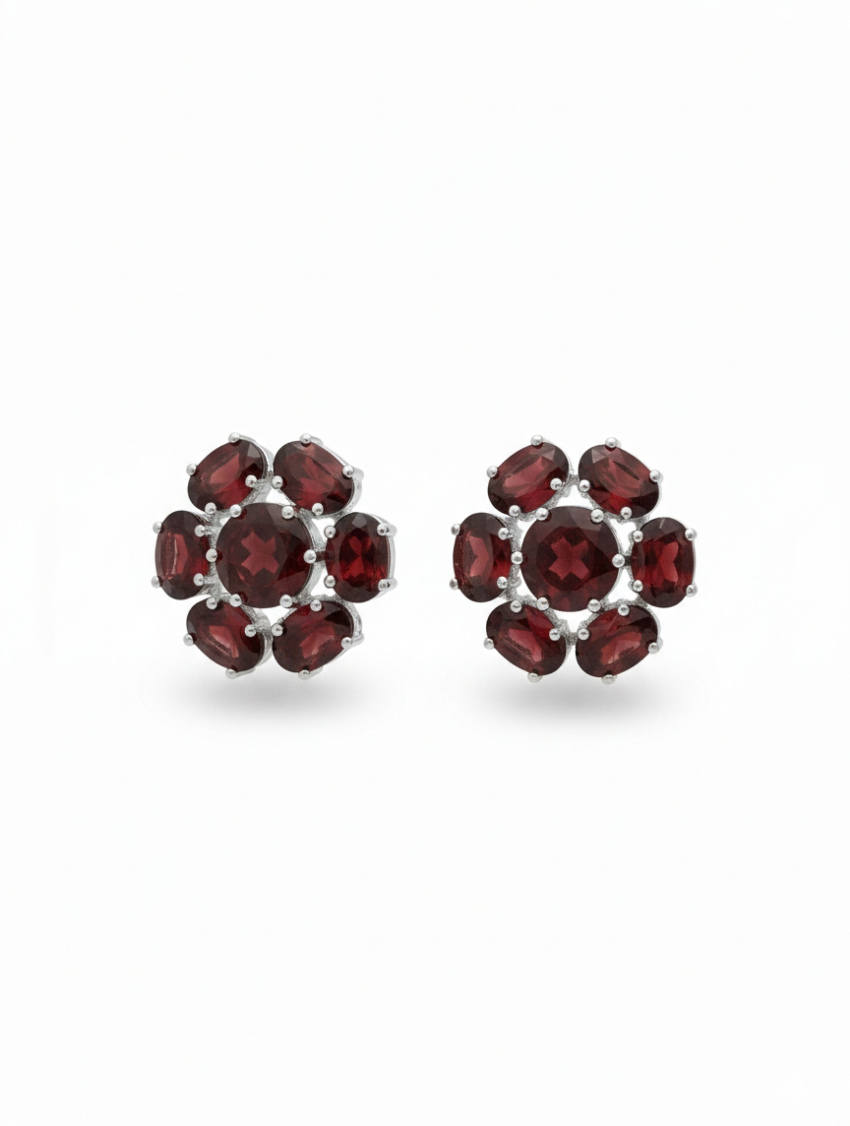 Rhodium Oval and Round garnet Pietra Studs 925 Sterling Silver Earrings For Women