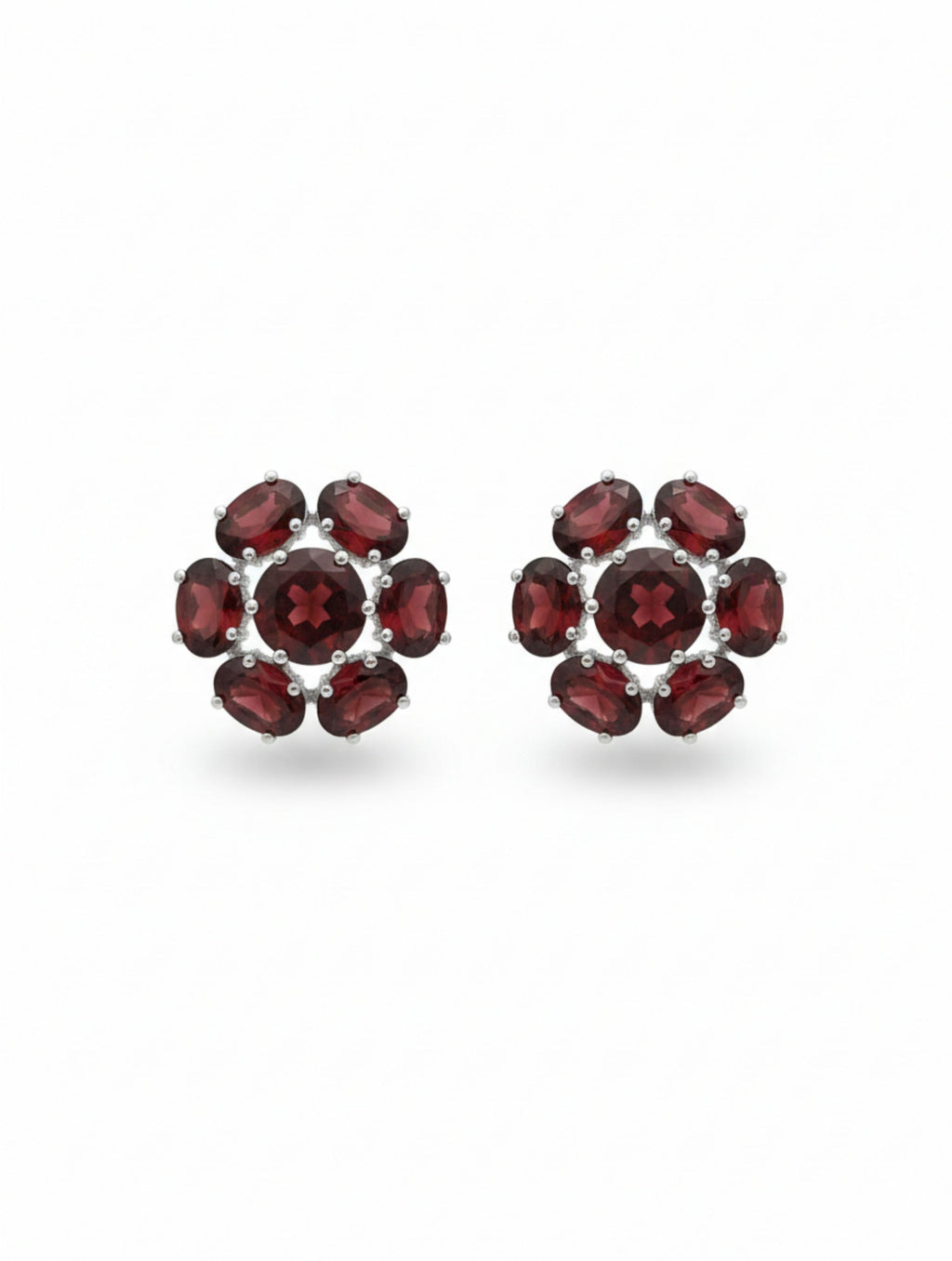 Rhodium Oval and Round garnet Pietra Studs 925 Sterling Silver Earrings For Women