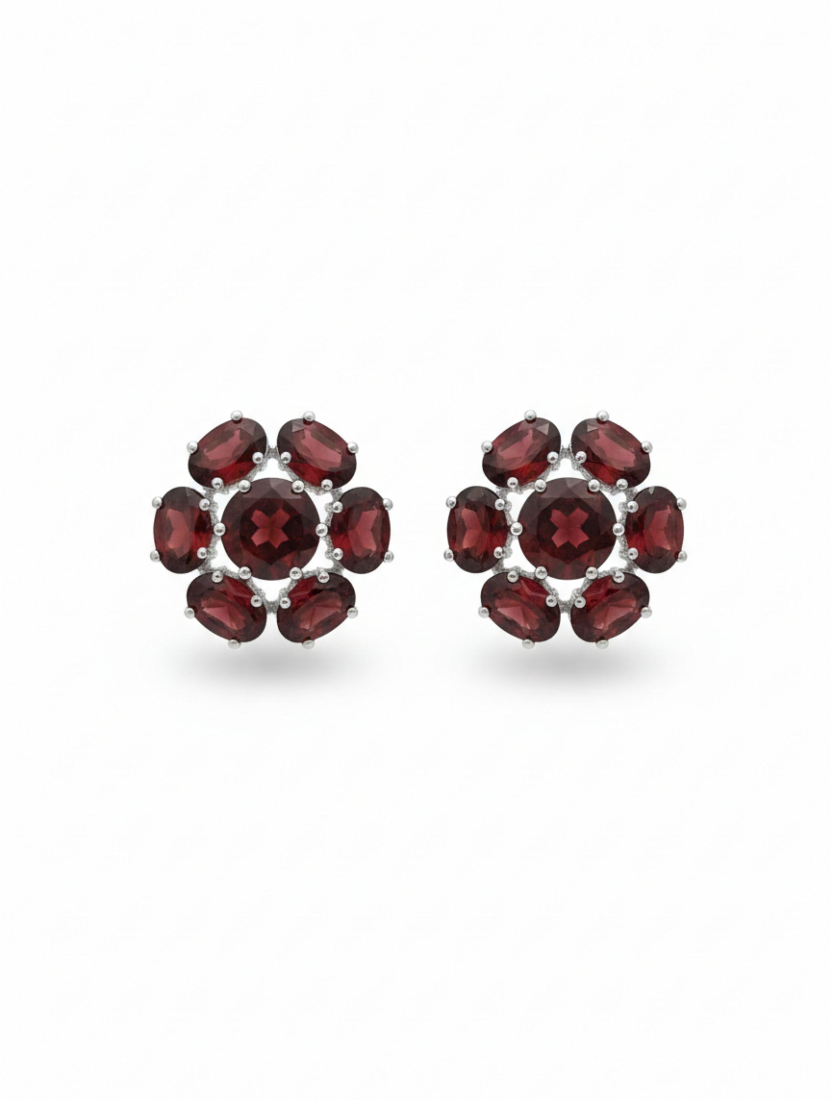 Rhodium Oval and Round garnet Pietra Studs 925 Sterling Silver Earrings For Women