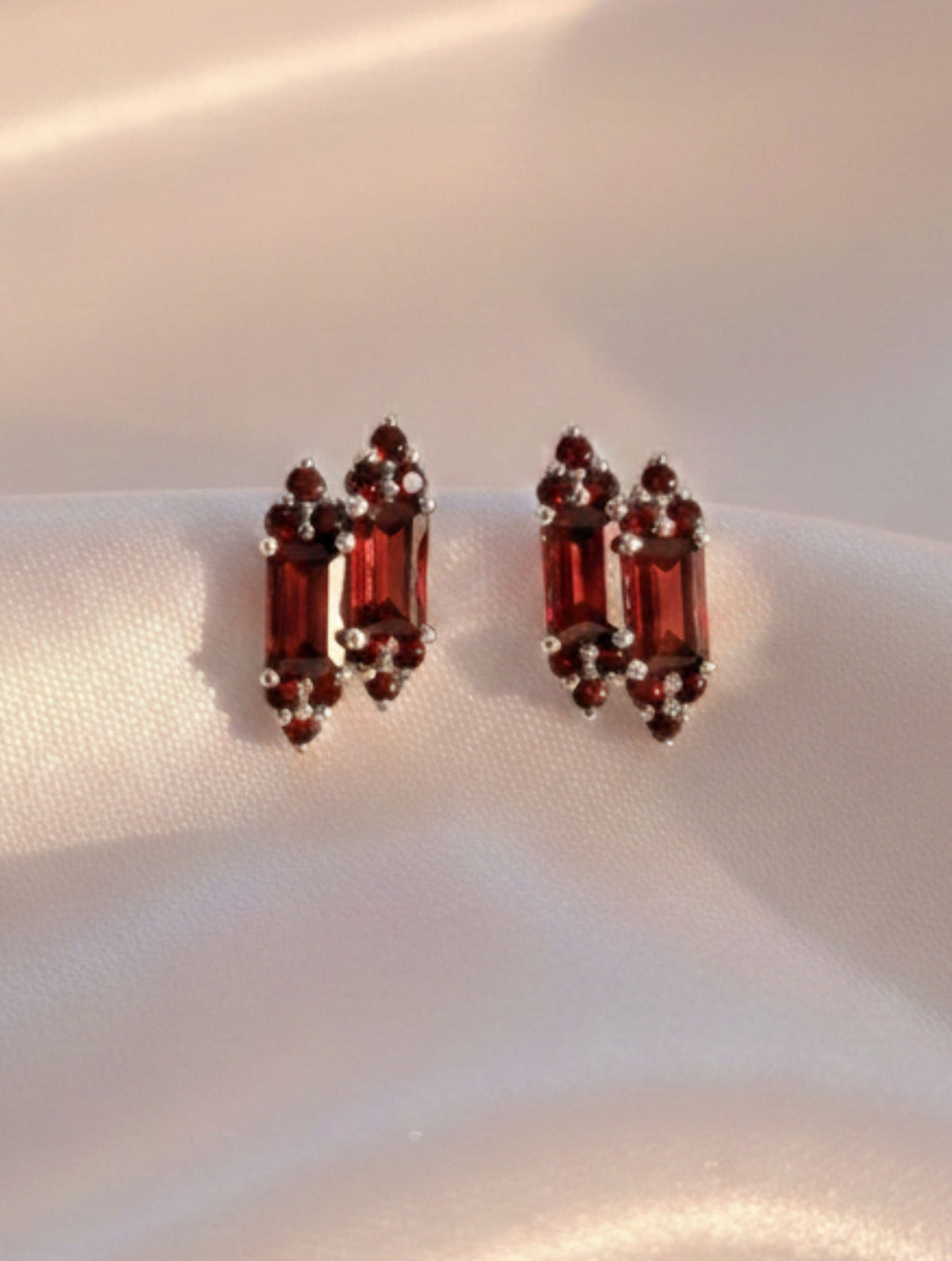 Natural Red Garnet Duo-Baguette Stud Earrings in 925 Sterling Silver