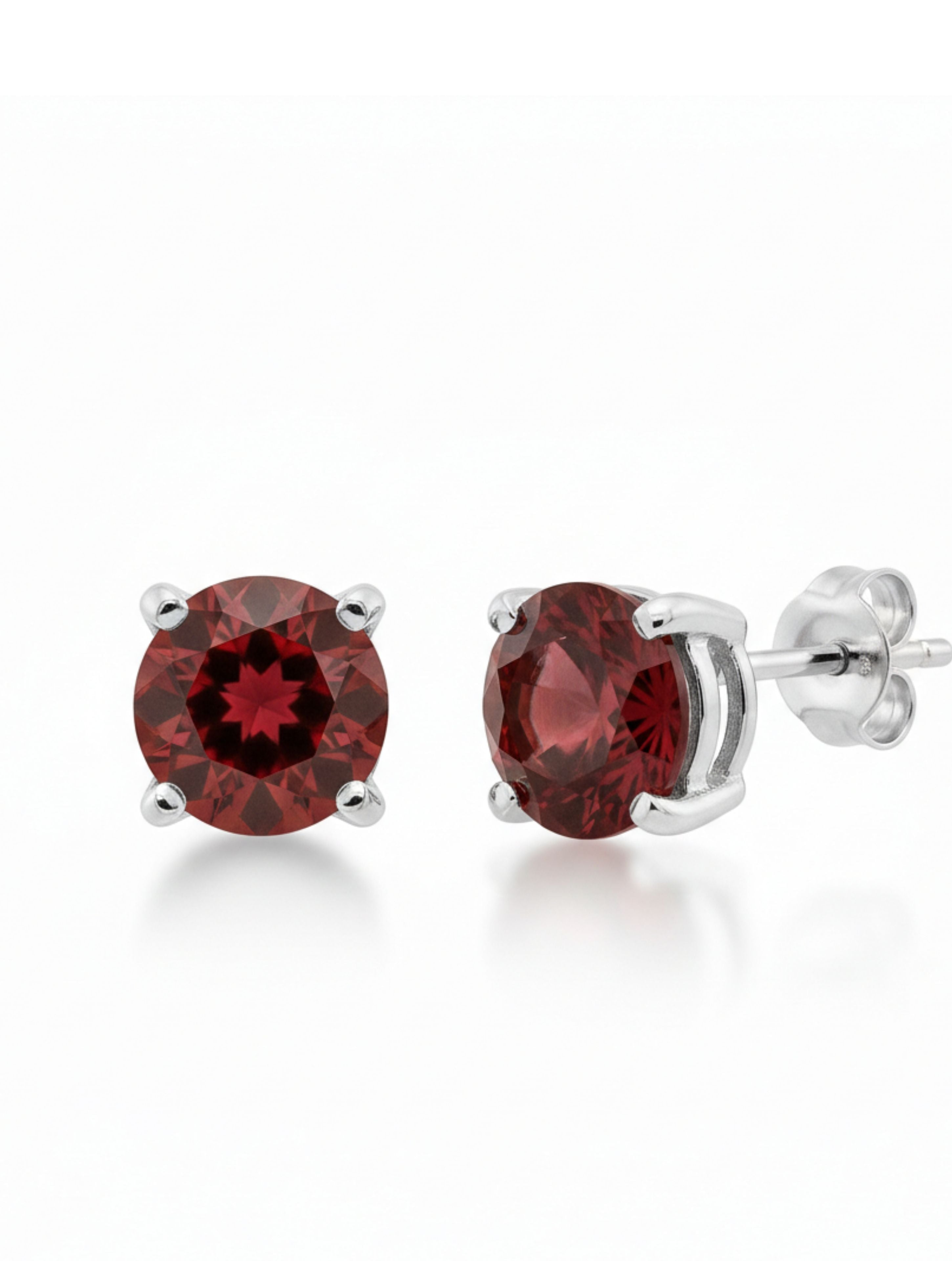 Round-Cut Natural Garnet Stud Earrings in 925 Sterling Silver