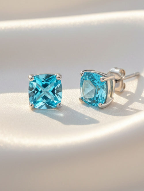Blue Topaz Cushion-Cut Stud Earrings in 925 Sterling Silver