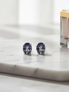 Rhodium Oval Mystic Topaz Pietra Studs 925 Sterling Silver Earrings For Women
