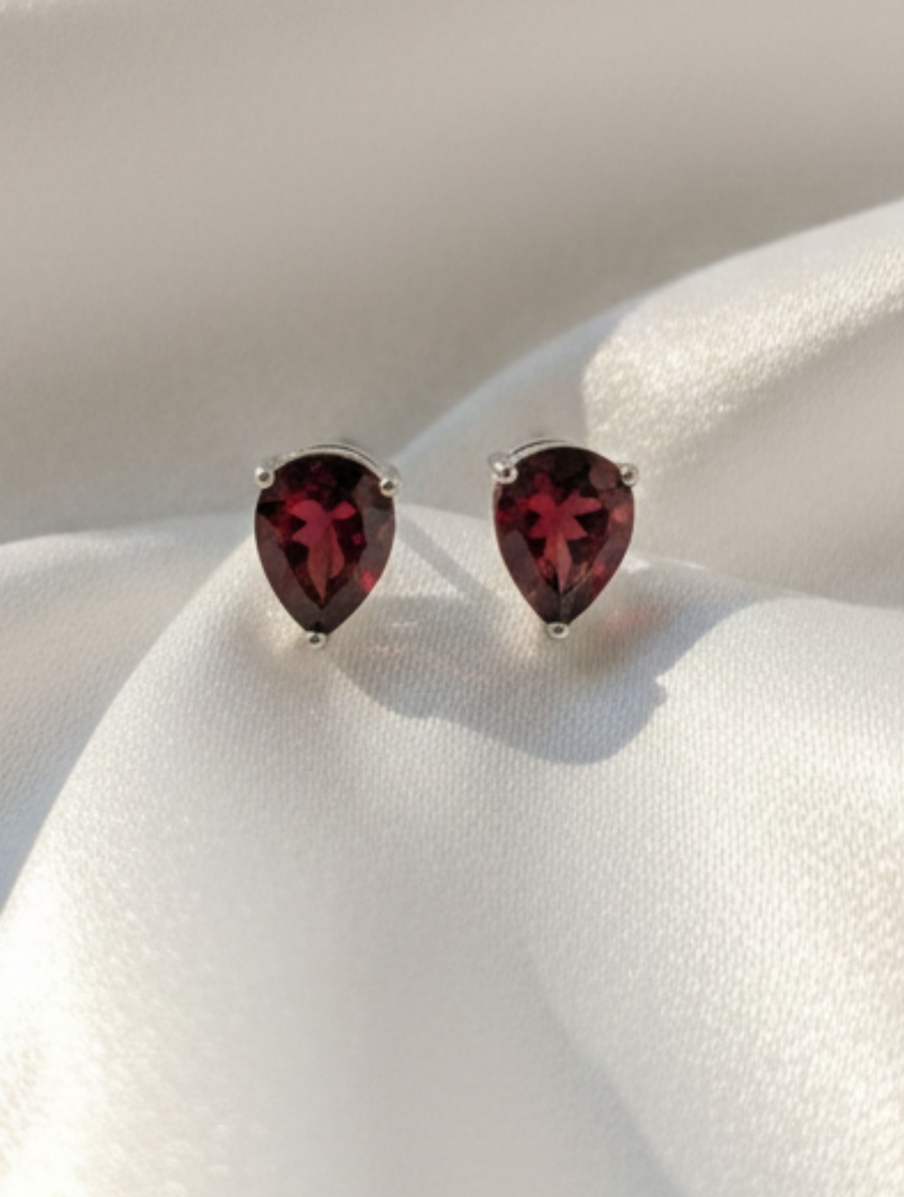 Natural Red Garnet Stud Earrings in 925 Sterling Silver | Pear-Cut Solitaire Drops