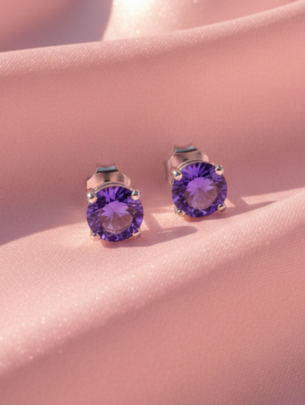 Natural Purple Amethyst Stud Earrings in 925 Sterling Silver | Round Brilliant Cut Solitaire