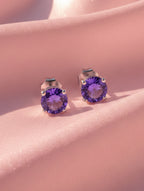 Natural Purple Amethyst Stud Earrings in 925 Sterling Silver | Round Brilliant Cut Solitaire