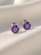 Natural Purple Amethyst Stud Earrings in 925 Sterling Silver | Round Brilliant Cut Solitaire