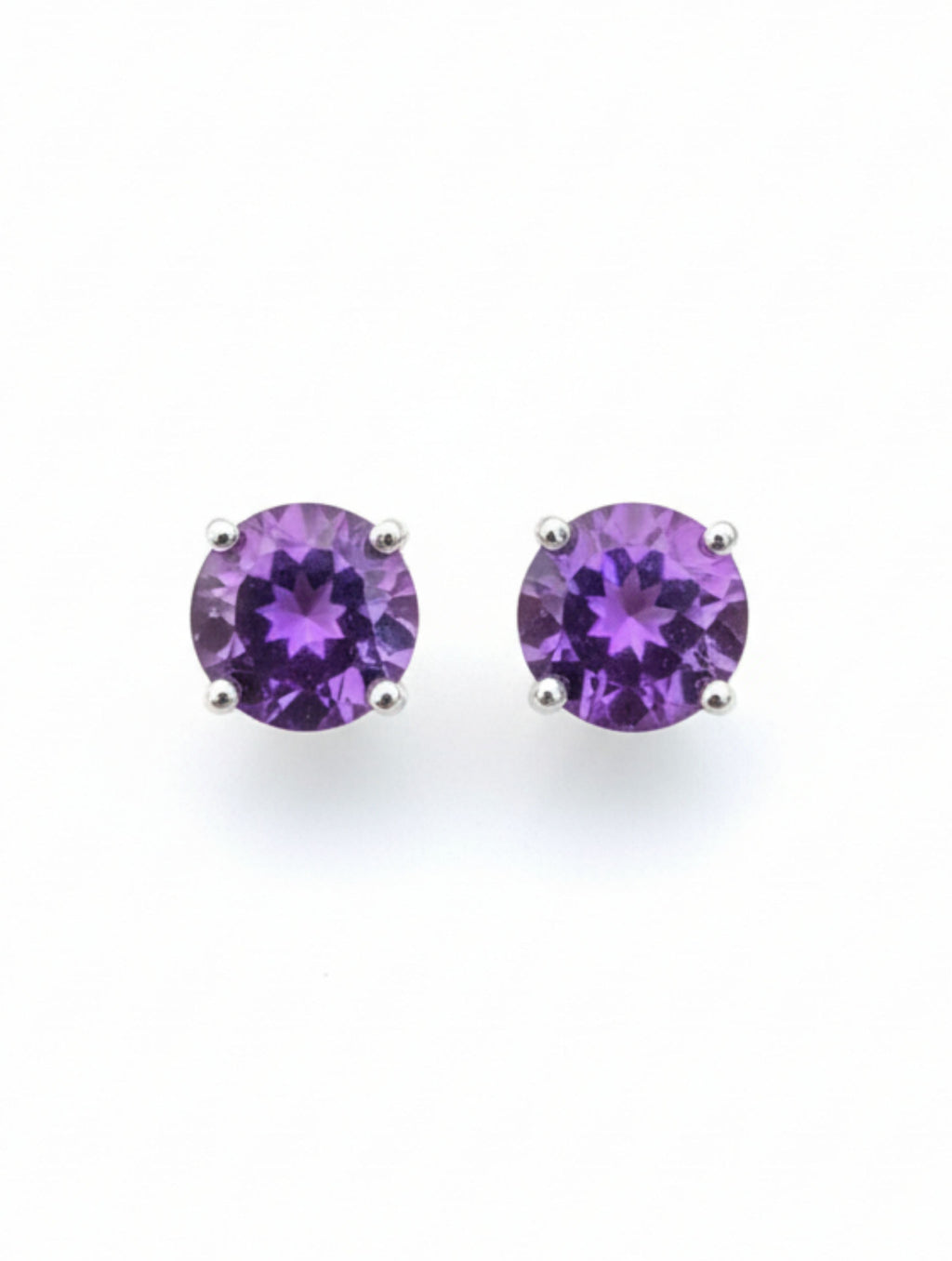Natural Amethyst Round-Cut Stud Earrings in 925 Sterling Silver