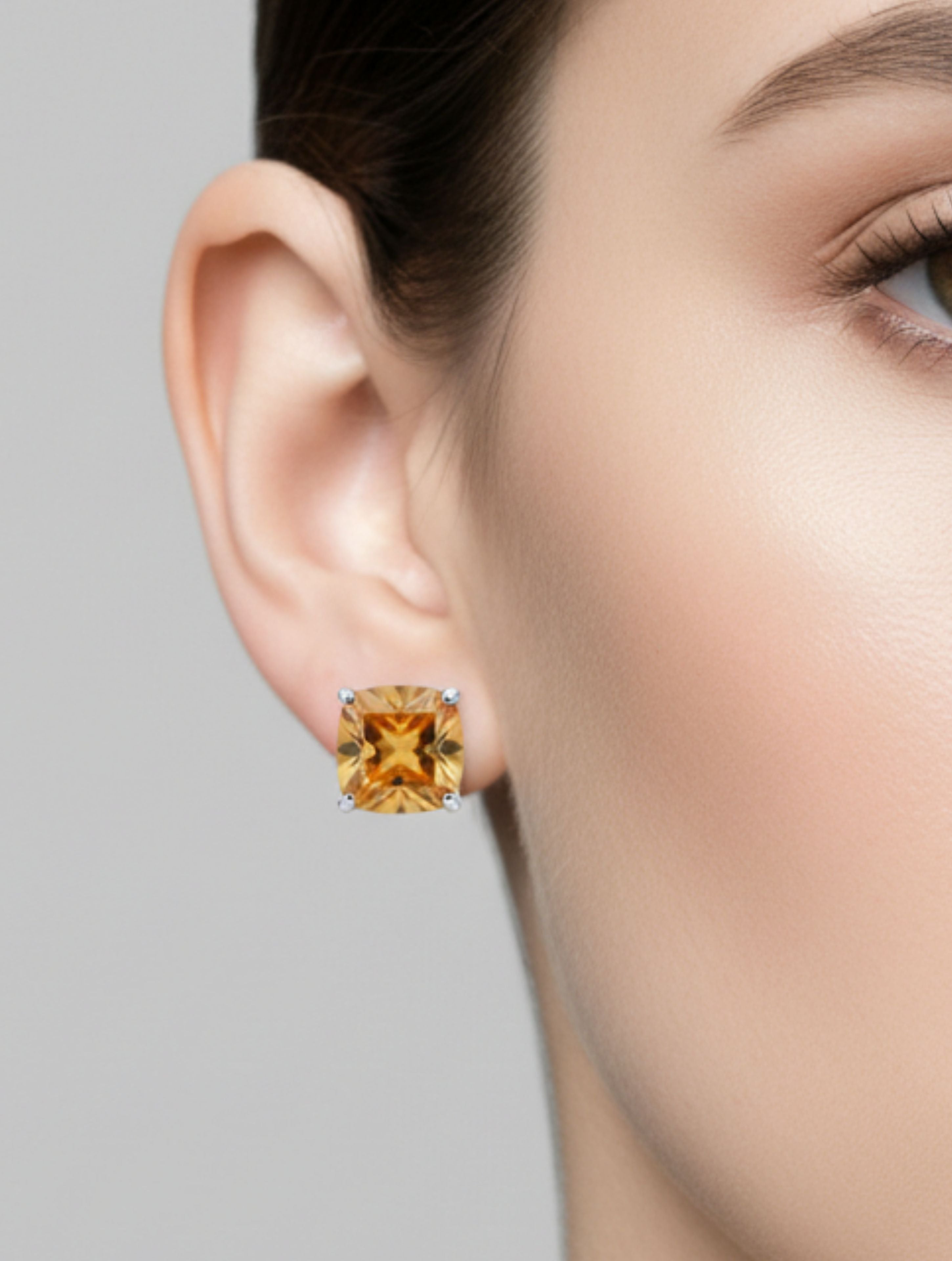925 Silver Pietra Citrine Cushion Studs Earrings For Women