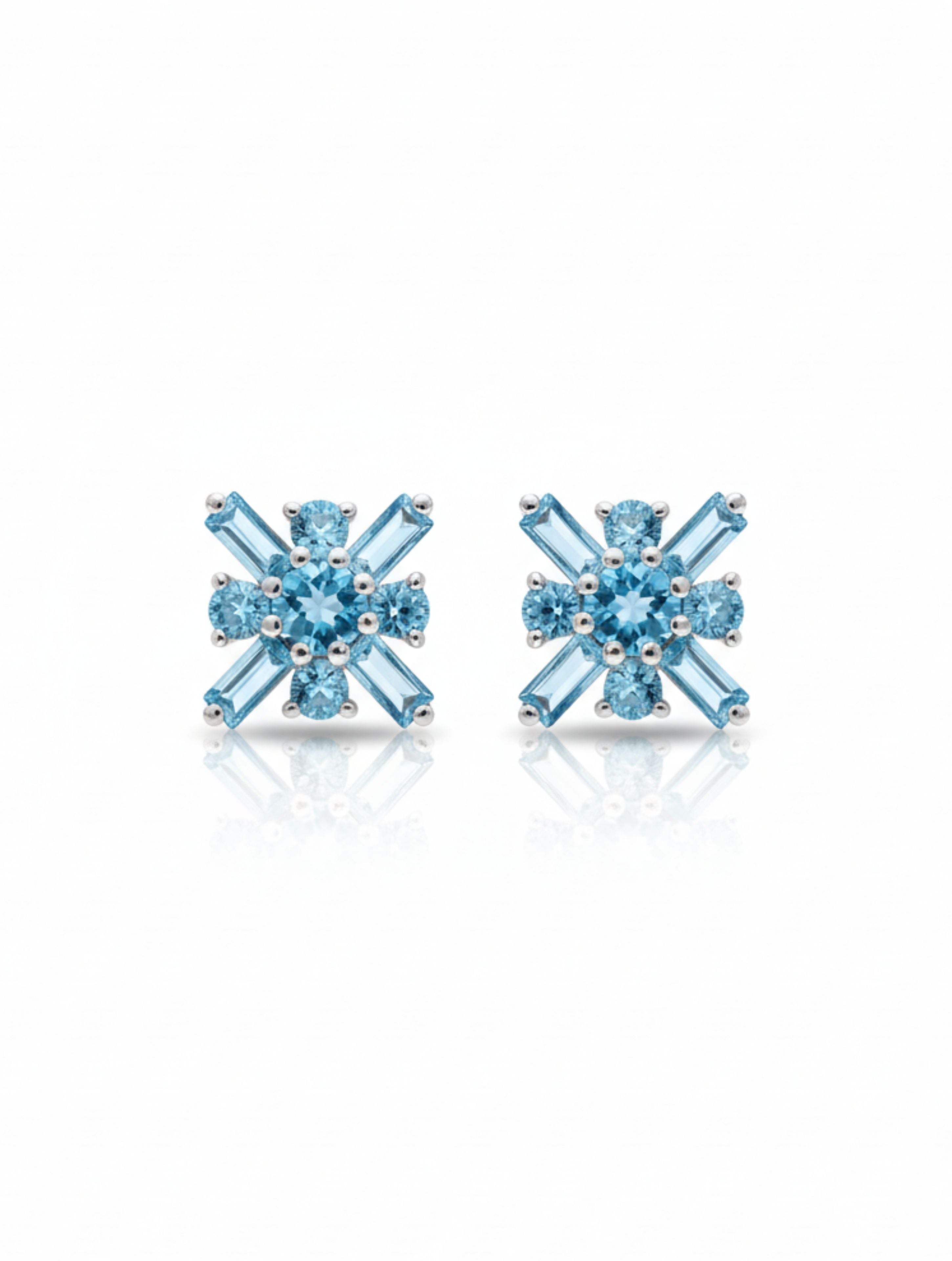 Pietra Blue Topaz Mixed Cut Studs Earrings 925 Sterling Silver For Women