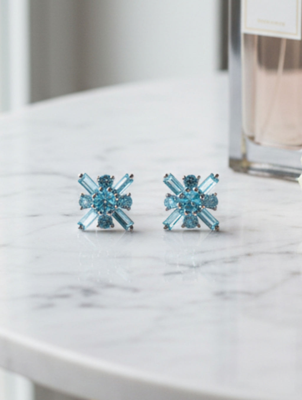 Pietra Blue Topaz Mixed Cut Studs Earrings 925 Sterling Silver For Women