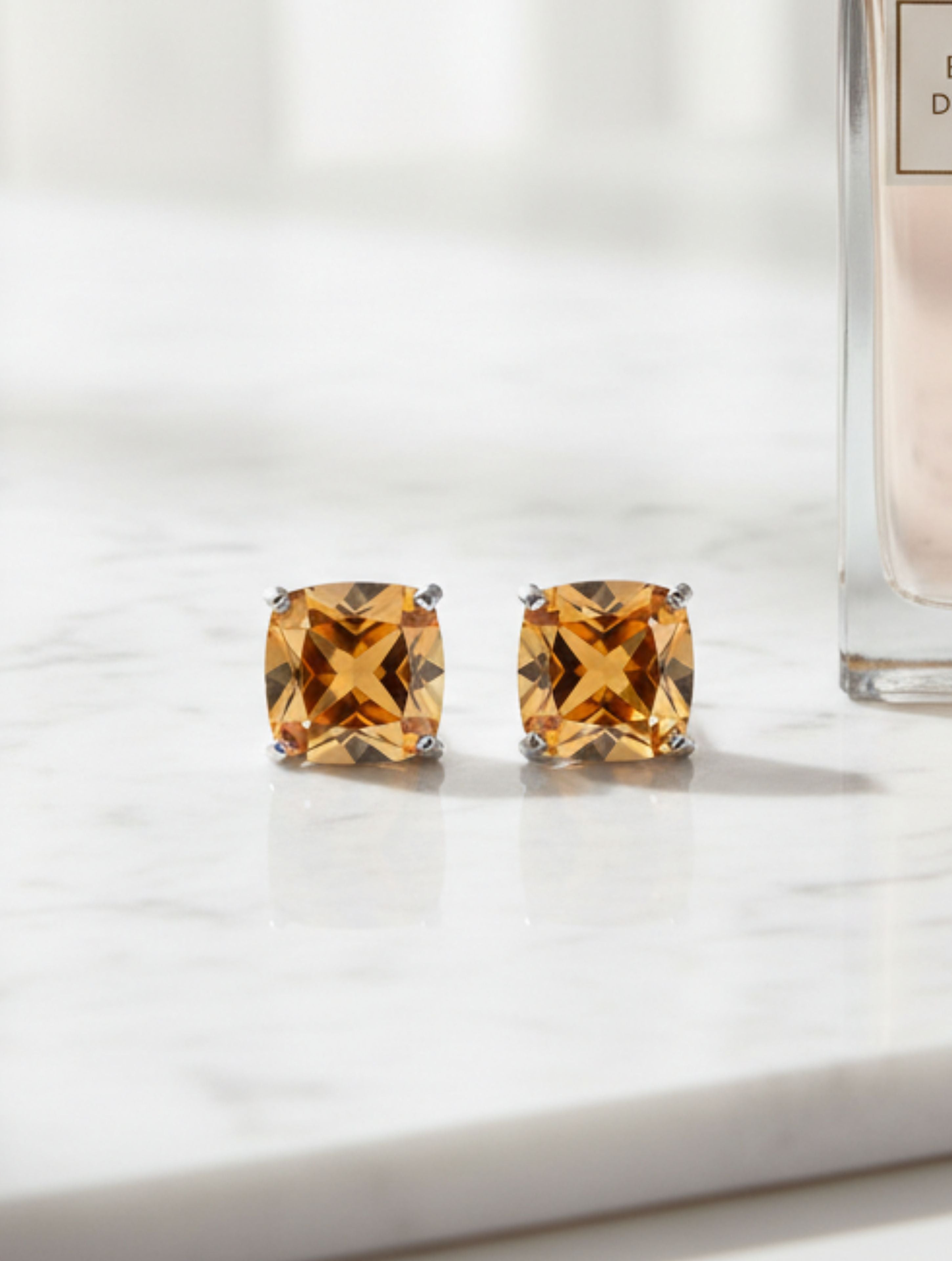 Cushion-Cut Natural Citrine Stud Earrings in 925 Sterling Silver