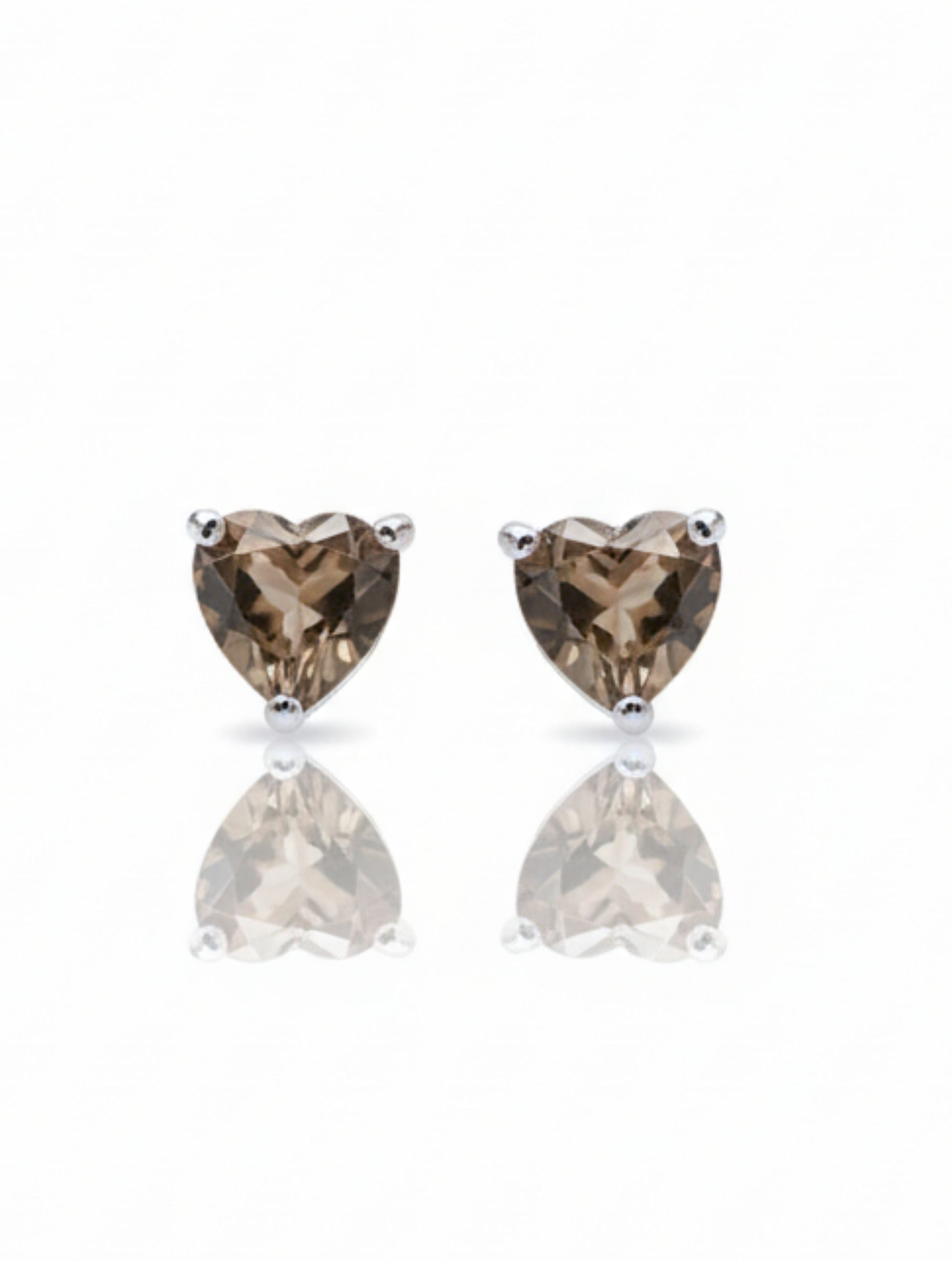 Heart-Cut Natural Smoky Quartz Stud Earrings in 925 Sterling Silver