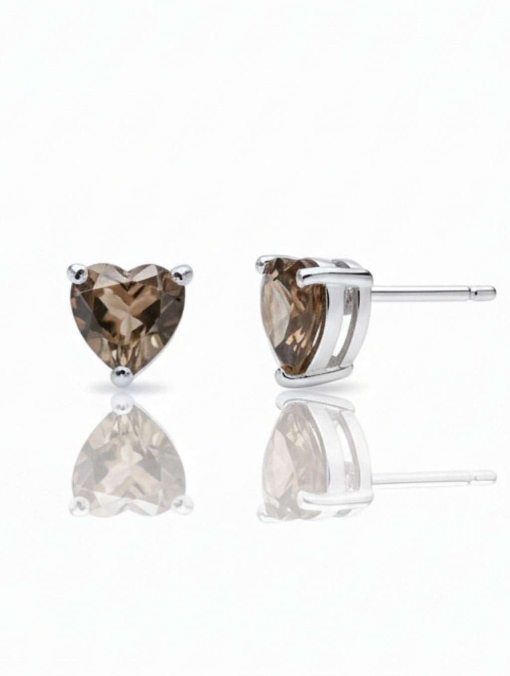 Heart-Cut Natural Smoky Quartz Stud Earrings in 925 Sterling Silver