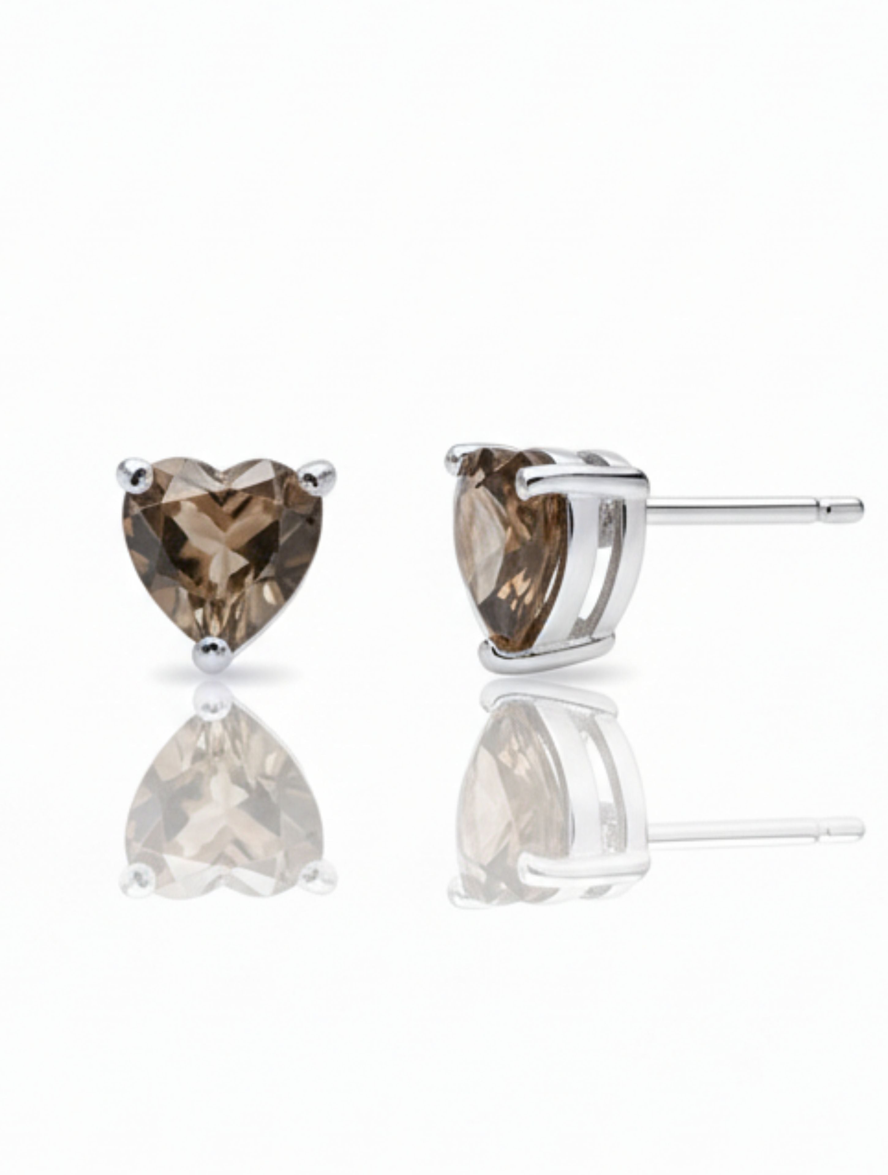 Heart-Cut Natural Smoky Quartz Stud Earrings in 925 Sterling Silver
