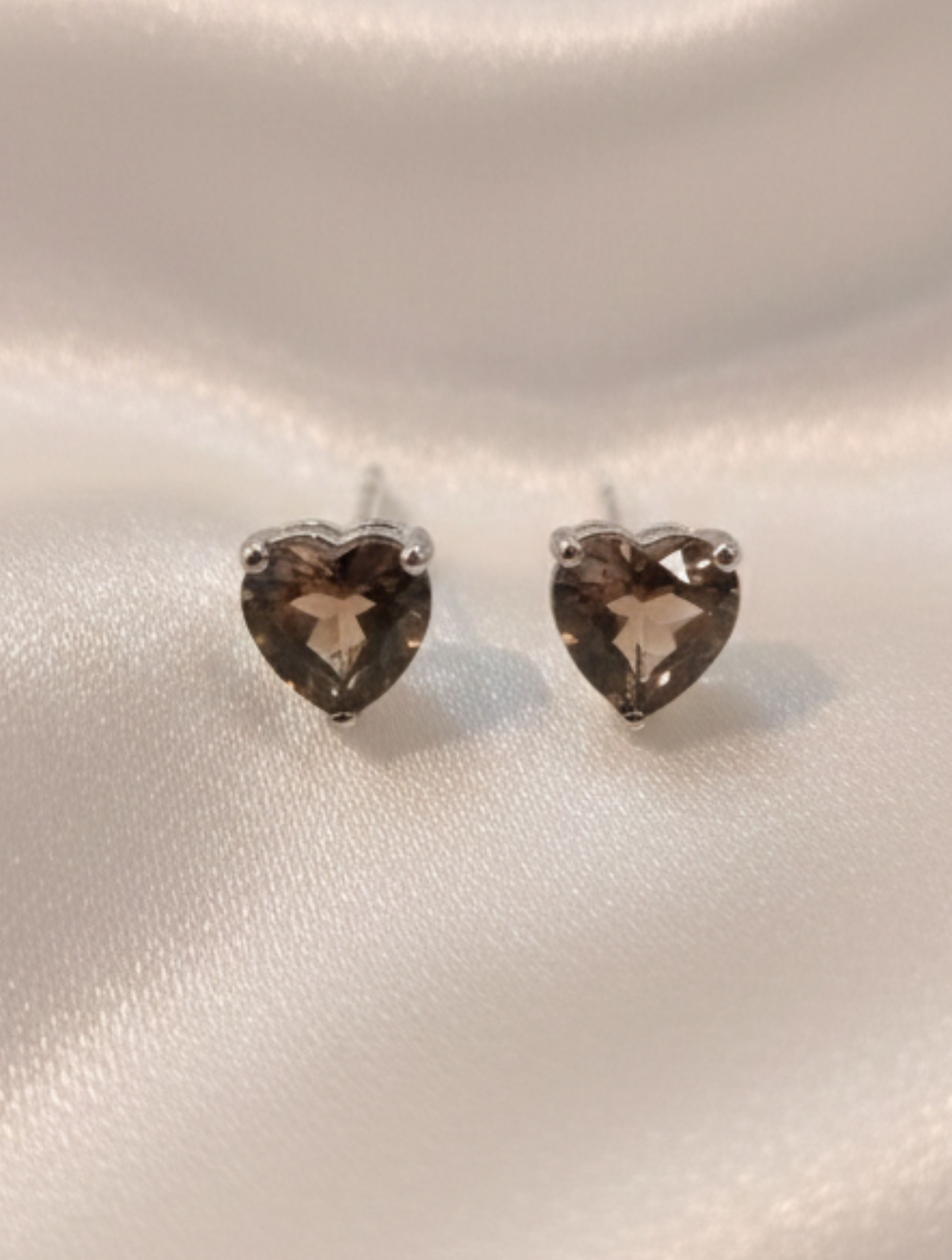 Heart-Cut Natural Smoky Quartz Stud Earrings in 925 Sterling Silver