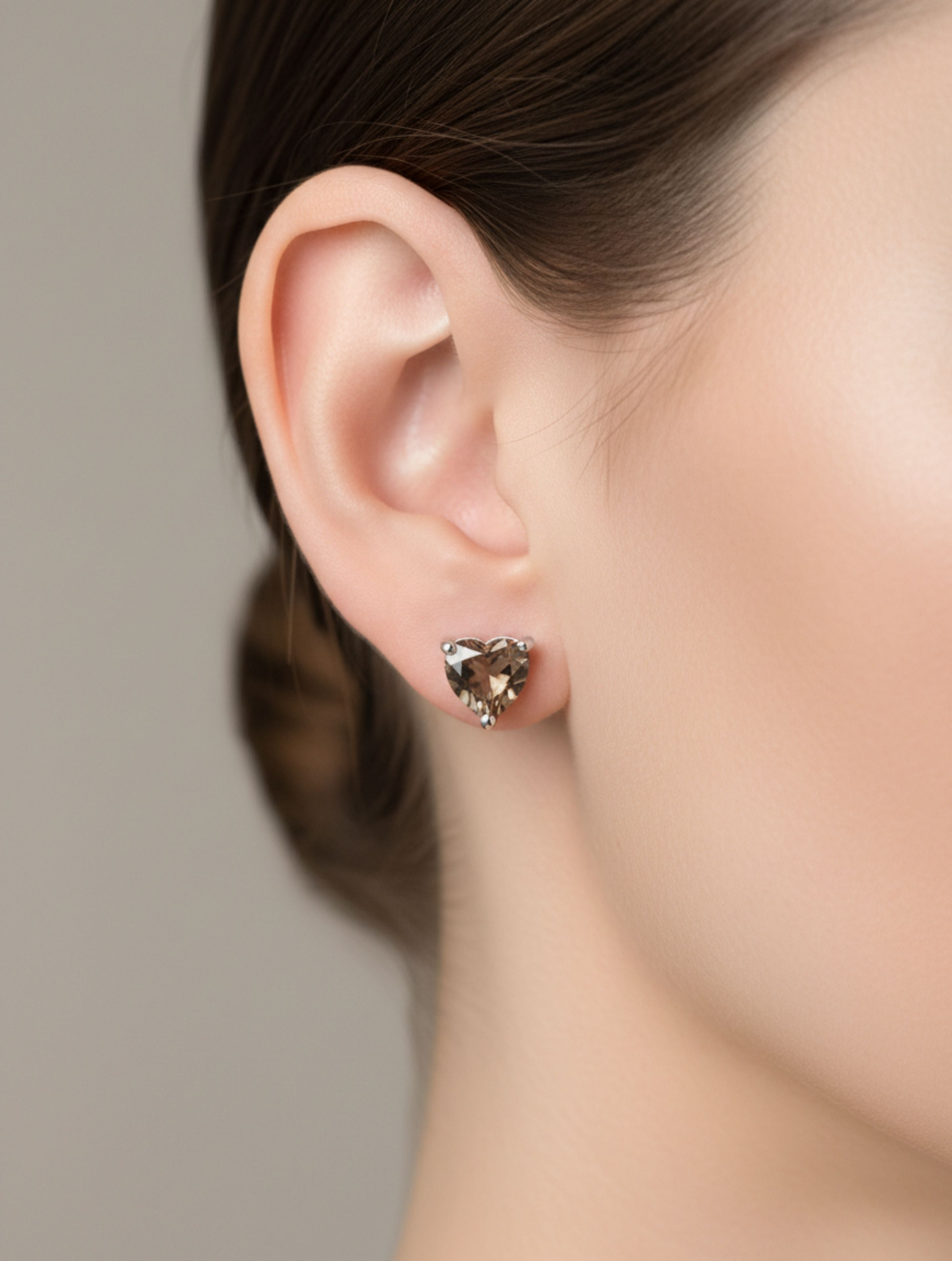 Heart-Cut Natural Smoky Quartz Stud Earrings in 925 Sterling Silver