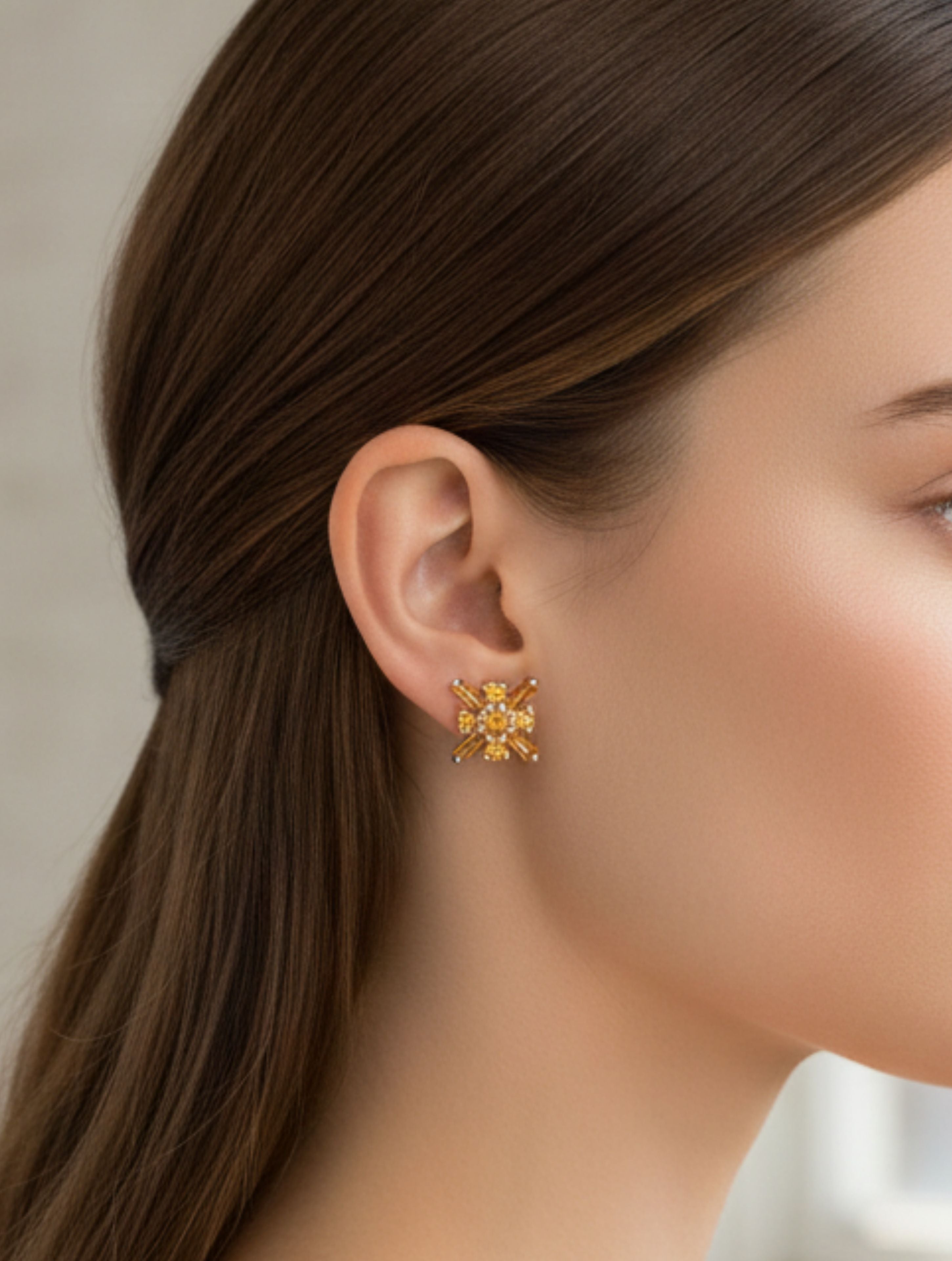 Pietra Citrine Round and Baguette Studs Earrings 925 Sterling Silver For Women
