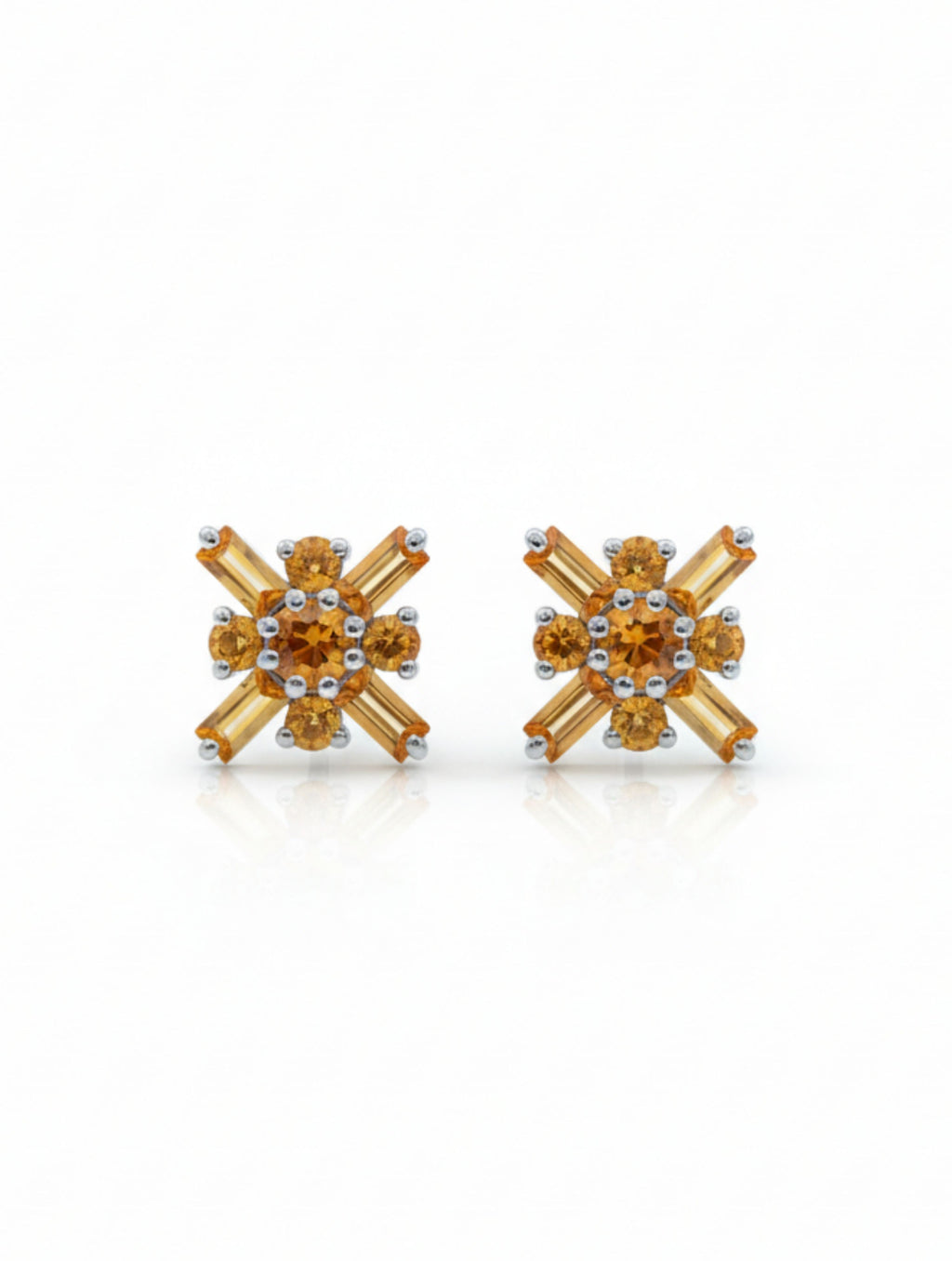 Pietra Citrine Round and Baguette Studs Earrings 925 Sterling Silver For Women