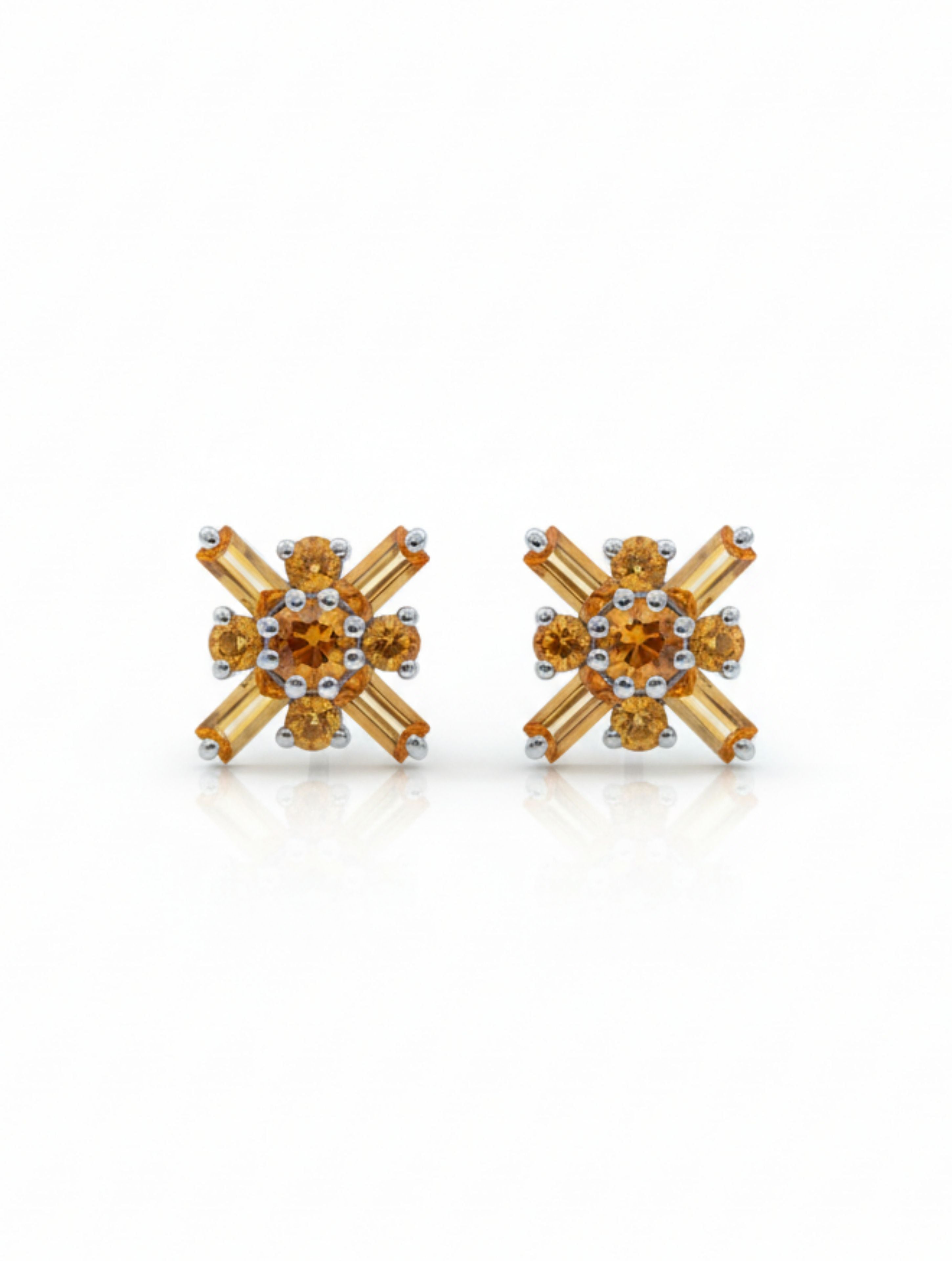 Pietra Citrine Round and Baguette Studs Earrings 925 Sterling Silver For Women