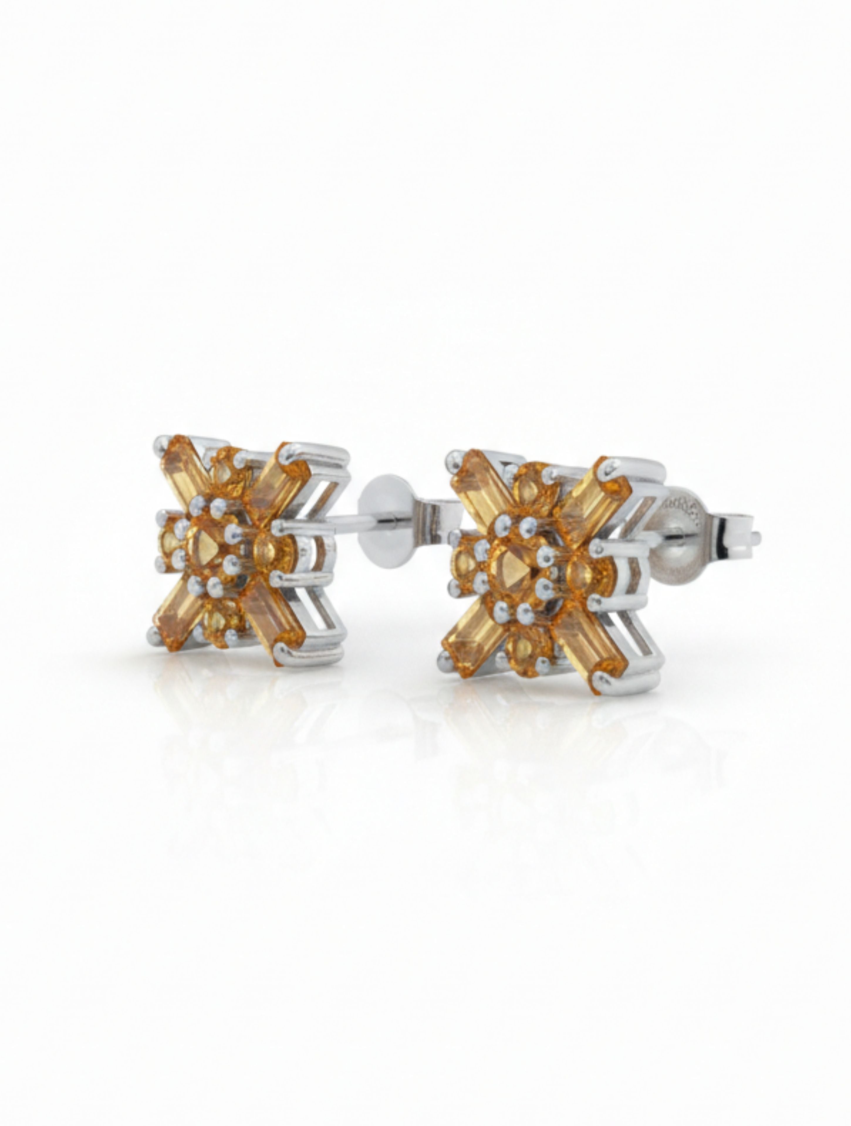 Pietra Citrine Round and Baguette Studs Earrings 925 Sterling Silver For Women