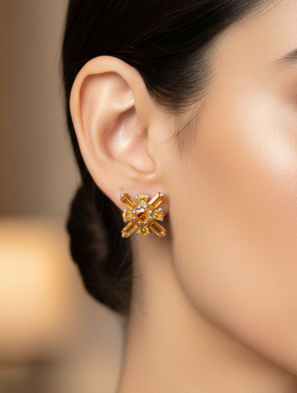 Pietra Citrine Round and Baguette Studs Earrings 925 Sterling Silver For Women