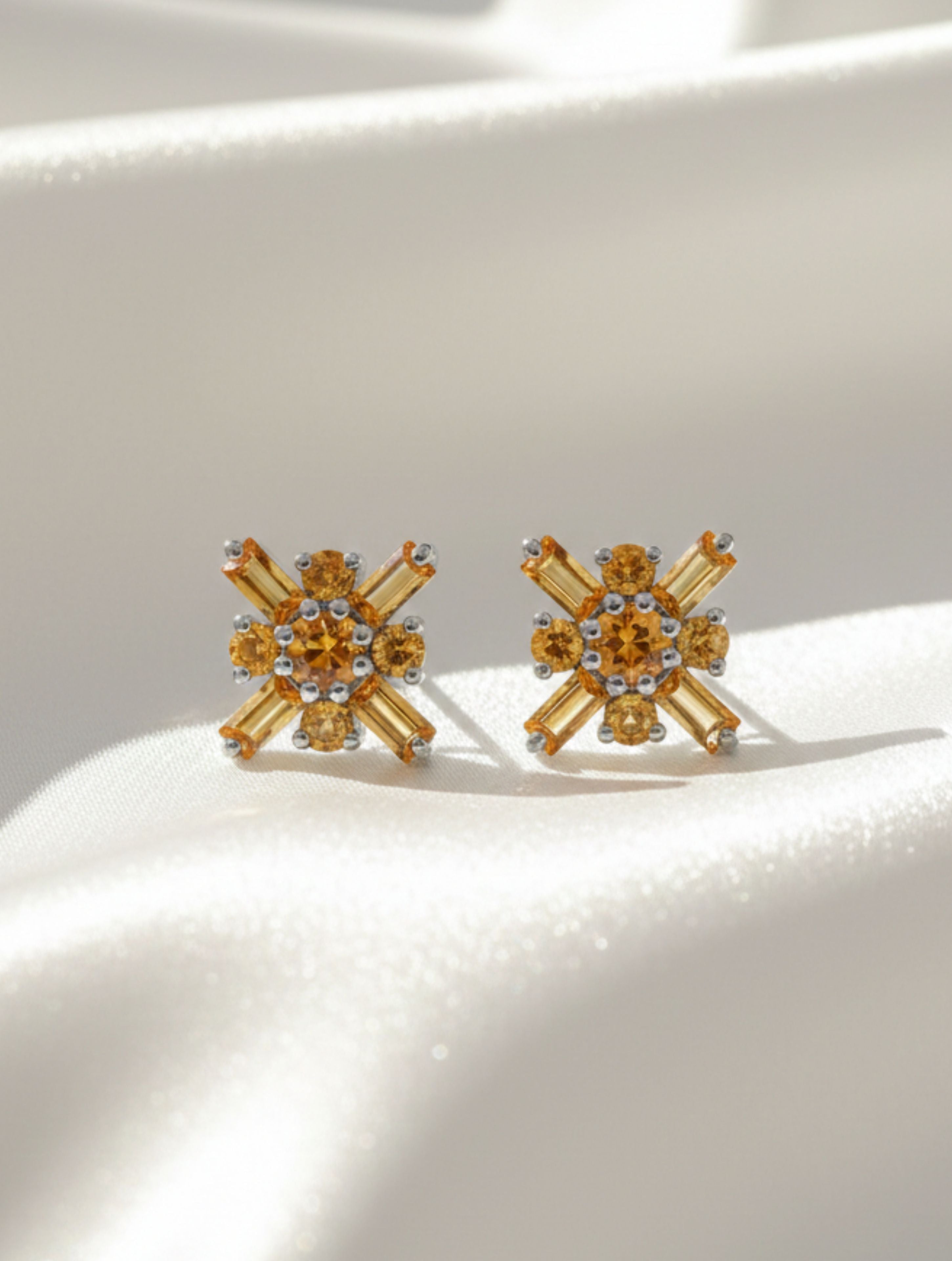 Pietra Citrine Round and Baguette Studs Earrings 925 Sterling Silver For Women