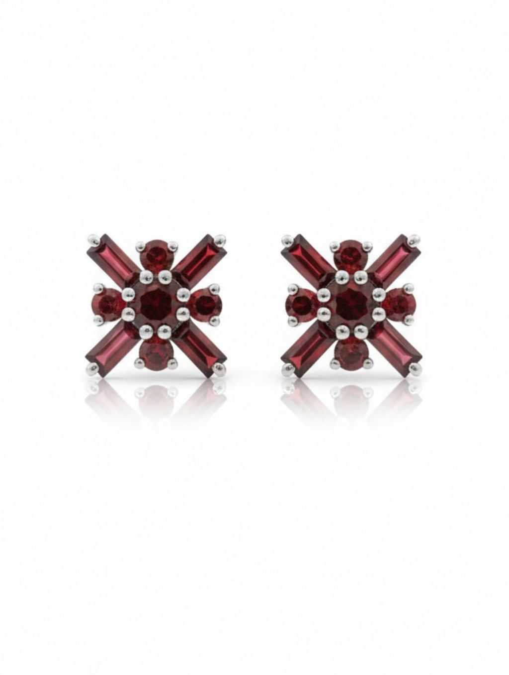 Pietra Garnet Round and Baguette Studs Earrings 925 Sterling Silver For Women