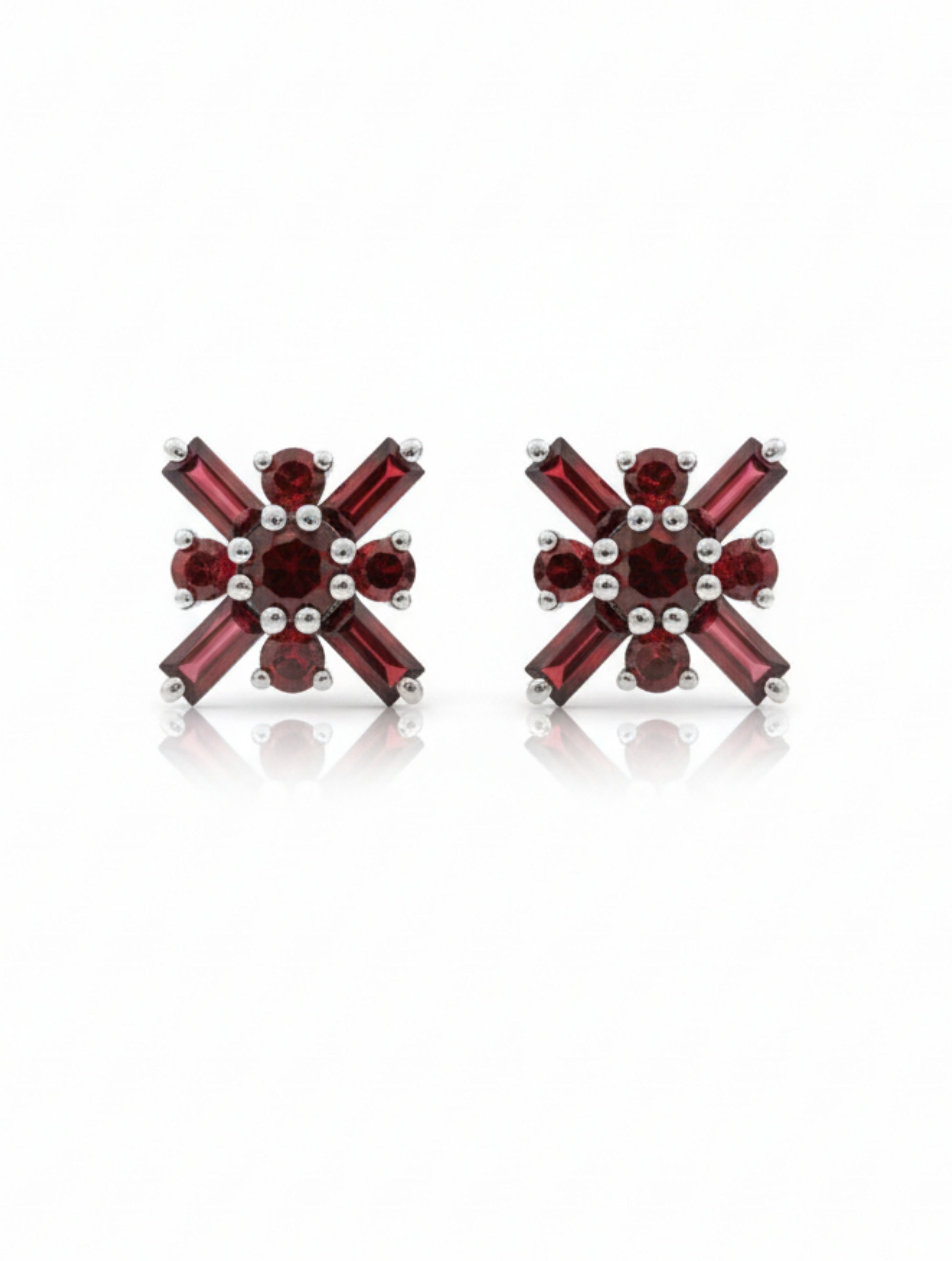 Pietra Garnet Round and Baguette Studs Earrings 925 Sterling Silver For Women