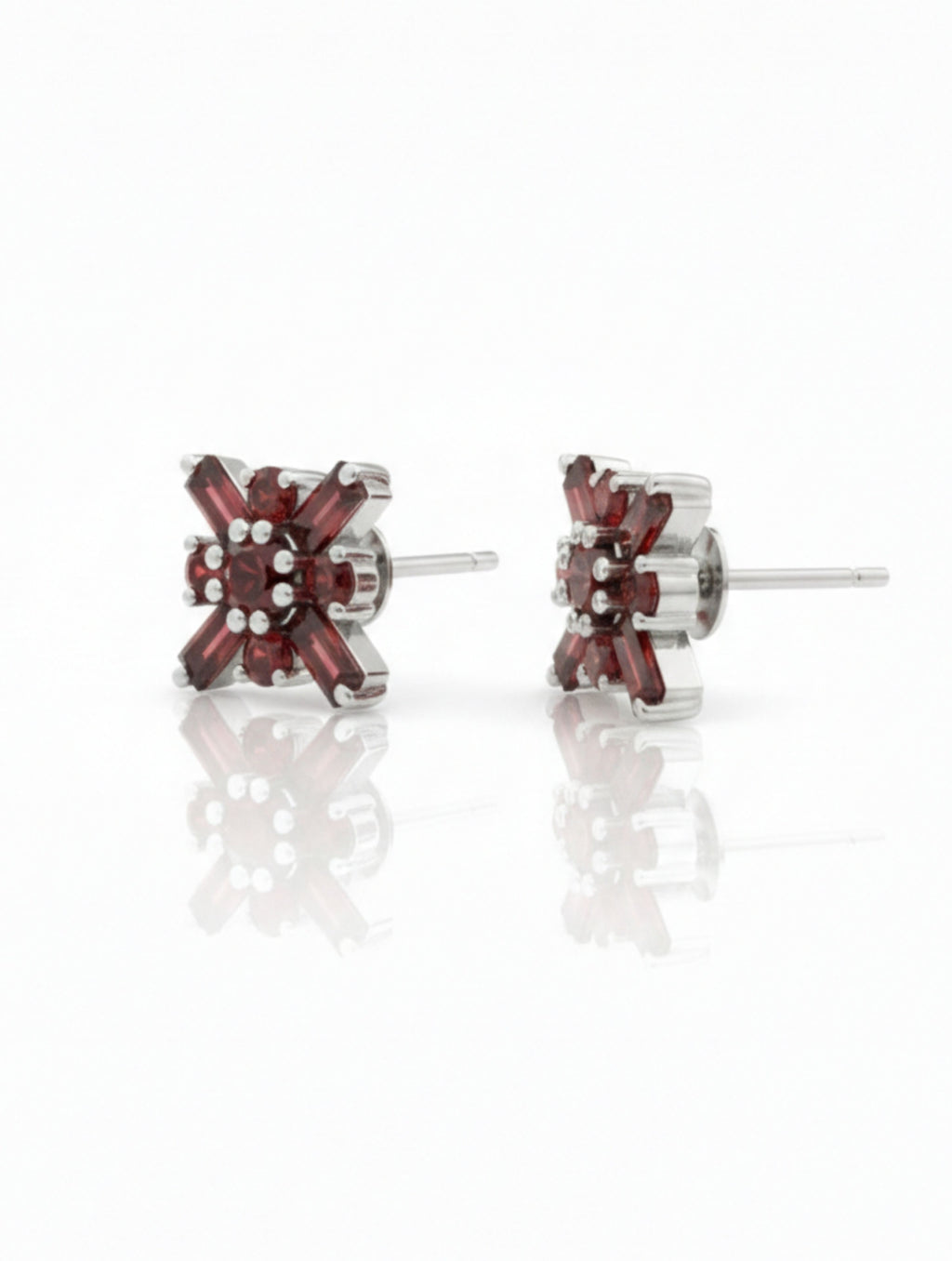 Pietra Garnet Round and Baguette Studs Earrings 925 Sterling Silver For Women
