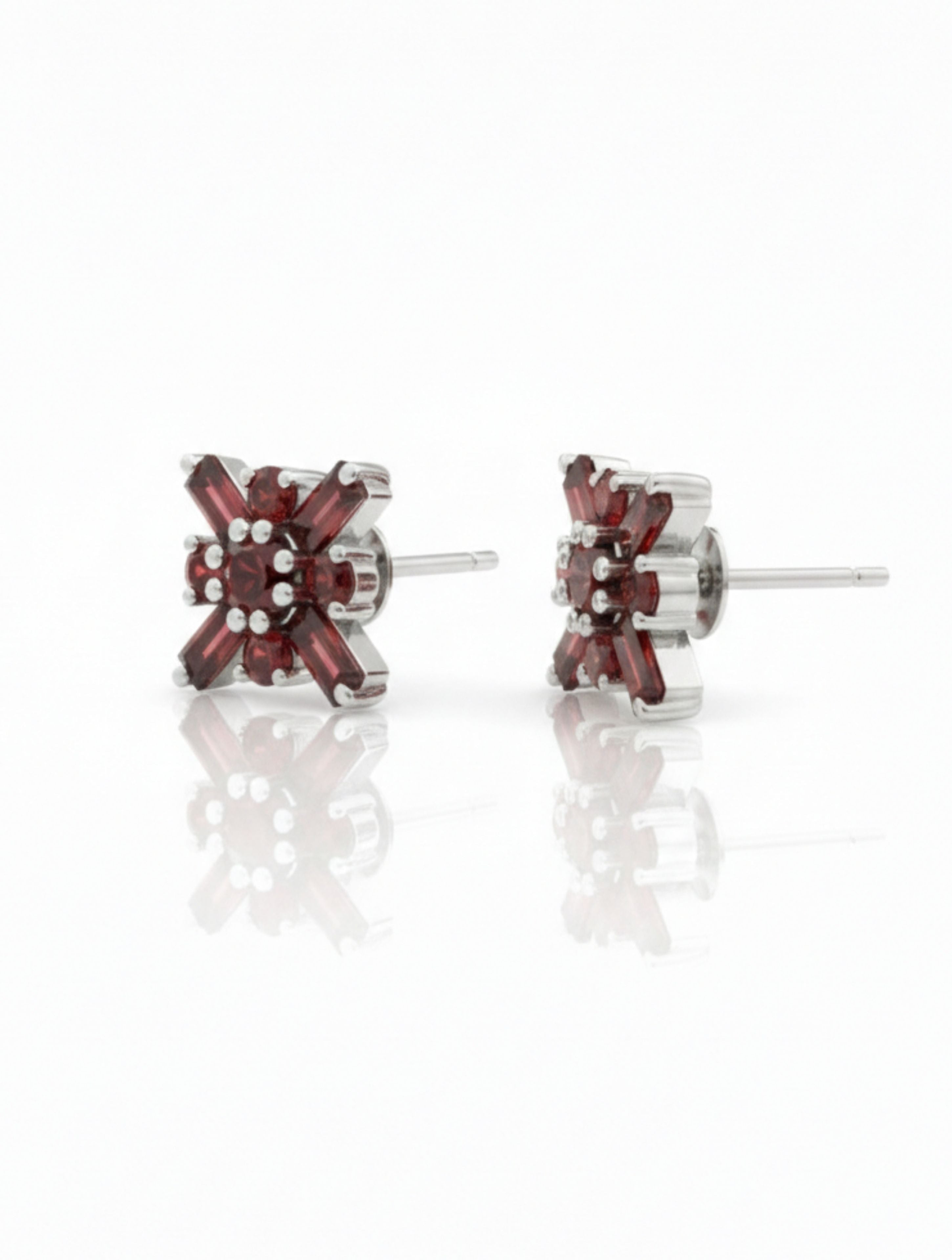 Pietra Garnet Round and Baguette Studs Earrings 925 Sterling Silver For Women