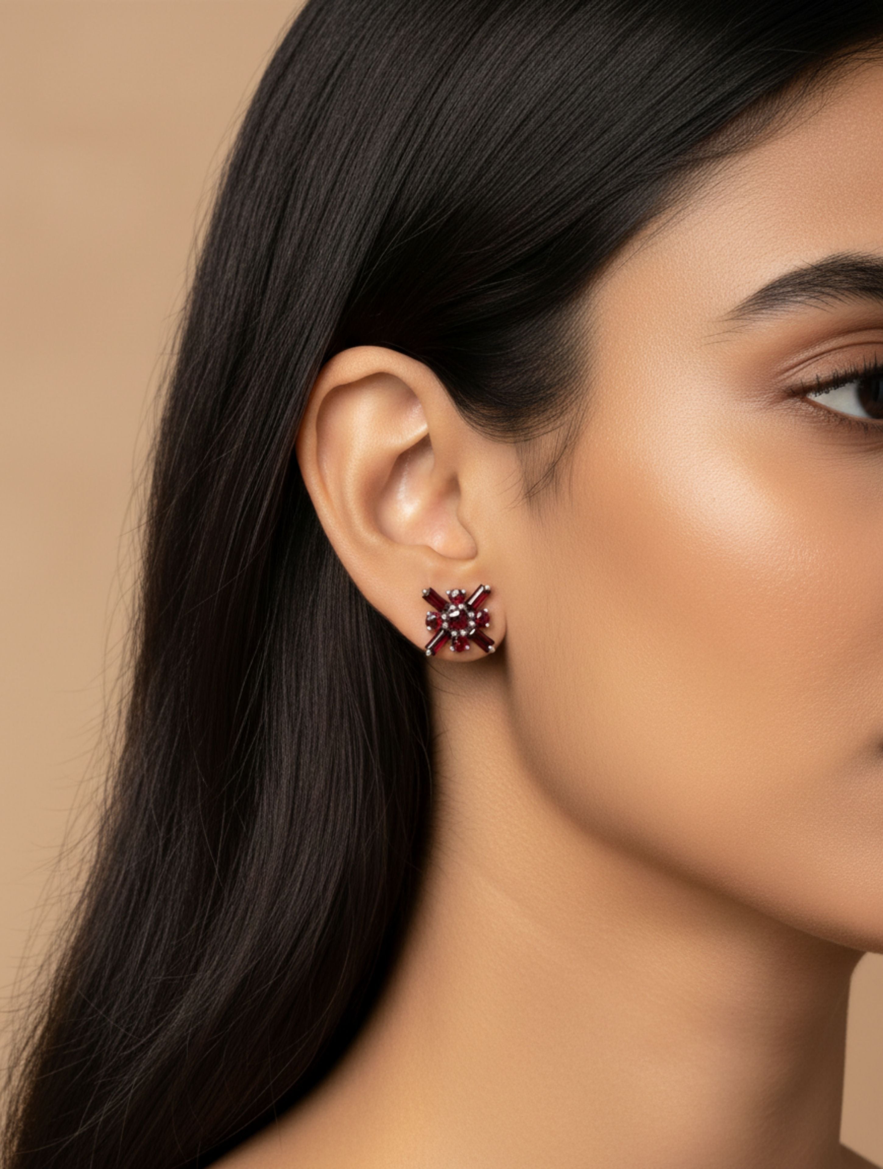 Pietra Garnet Round and Baguette Studs Earrings 925 Sterling Silver For Women