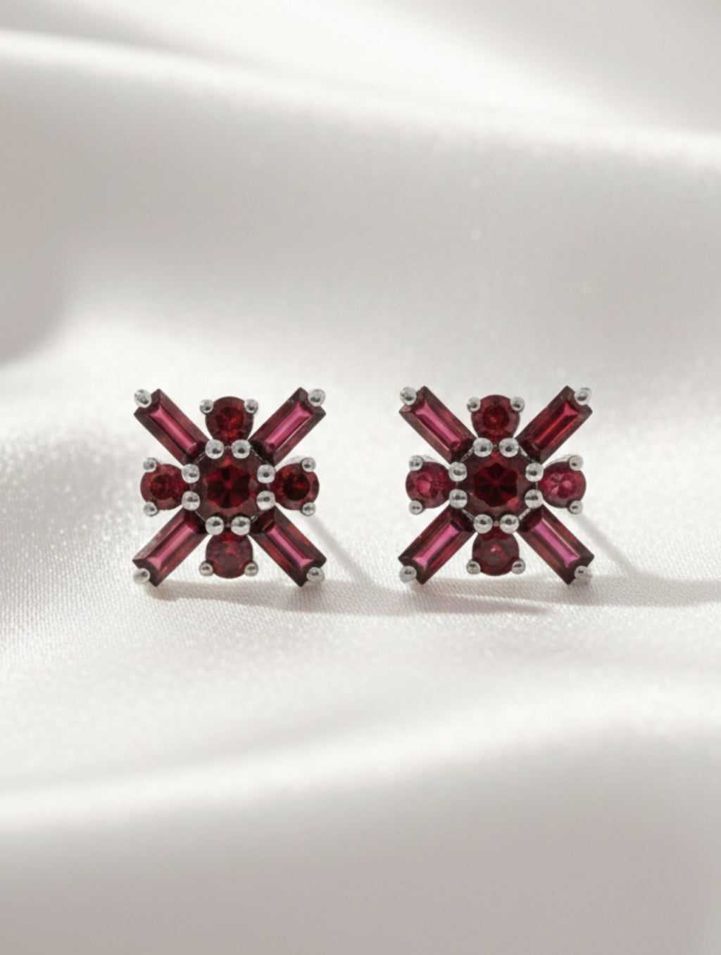 Pietra Garnet Round and Baguette Studs Earrings 925 Sterling Silver For Women
