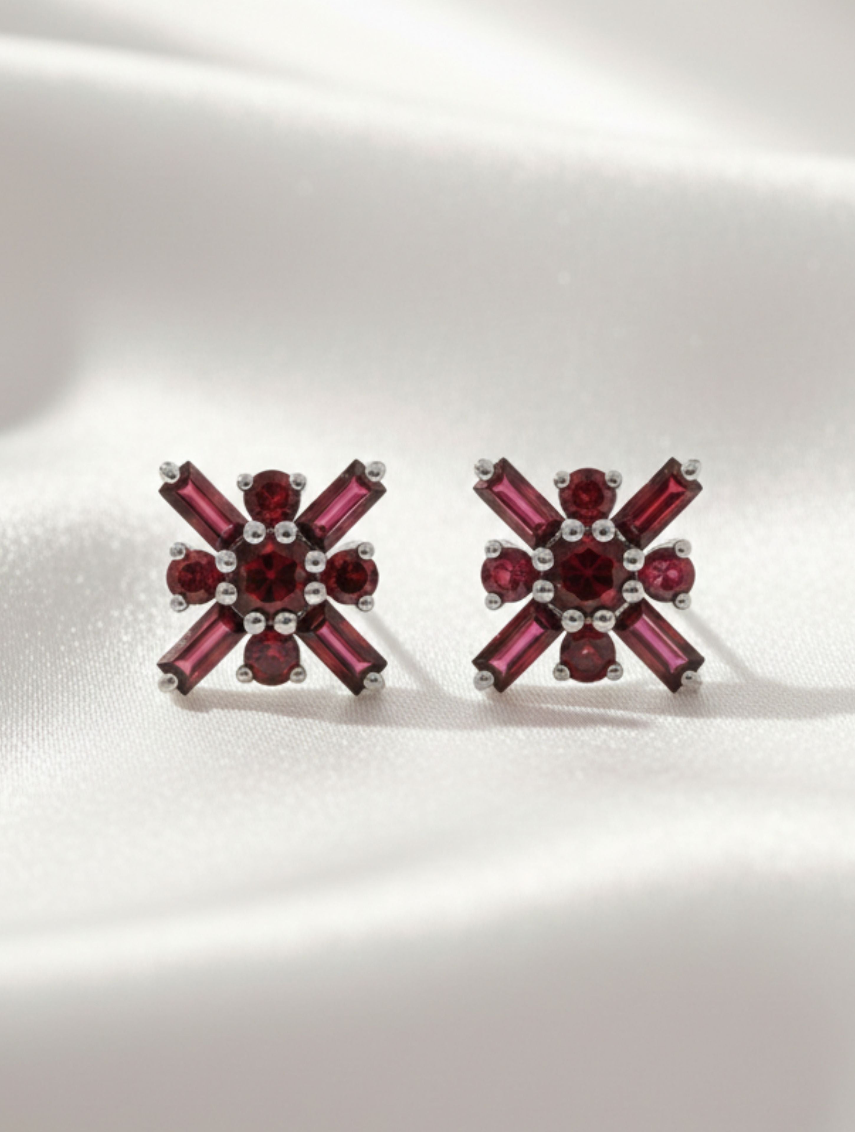 Pietra Garnet Round and Baguette Studs Earrings 925 Sterling Silver For Women