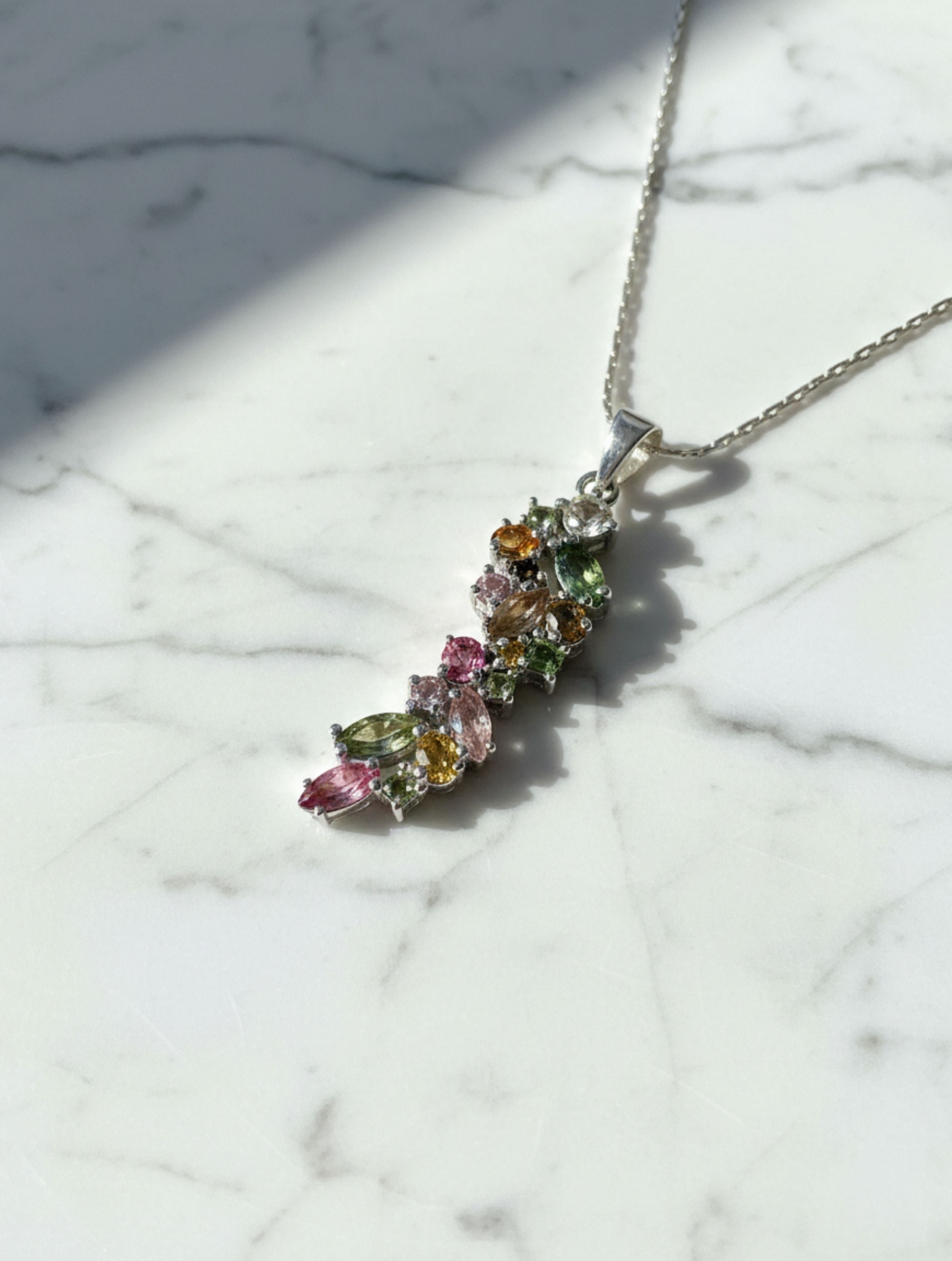 Rhodium Round and Marquise Multi Tourmaline Pietra 925 Sterling Silver Pendant For Women