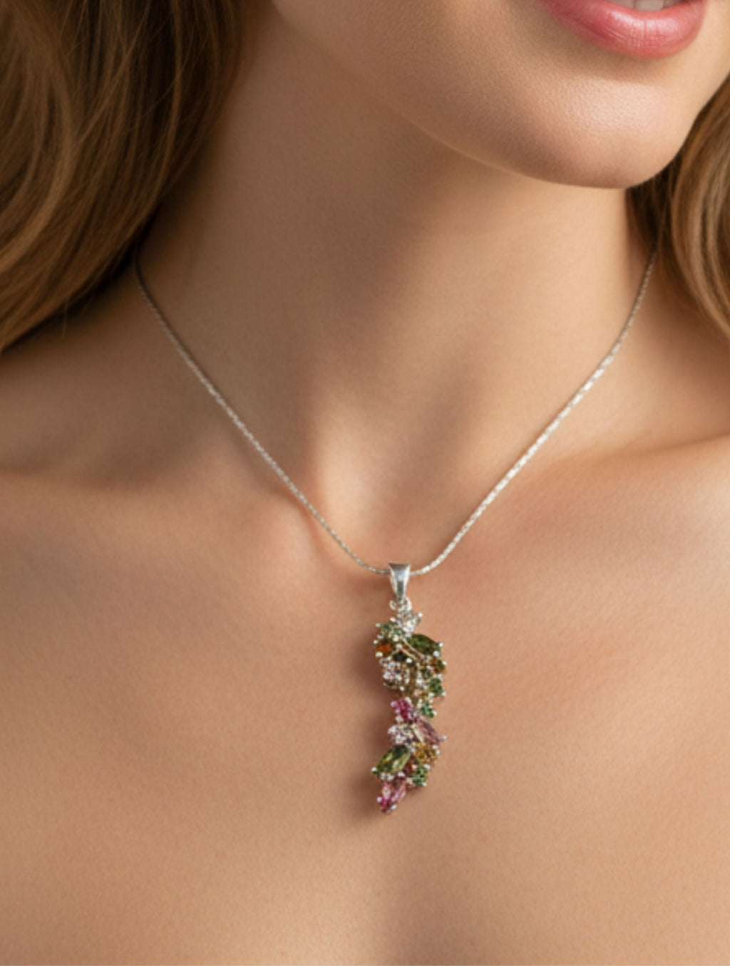 Rhodium Round and Marquise Multi Tourmaline Pietra 925 Sterling Silver Pendant For Women