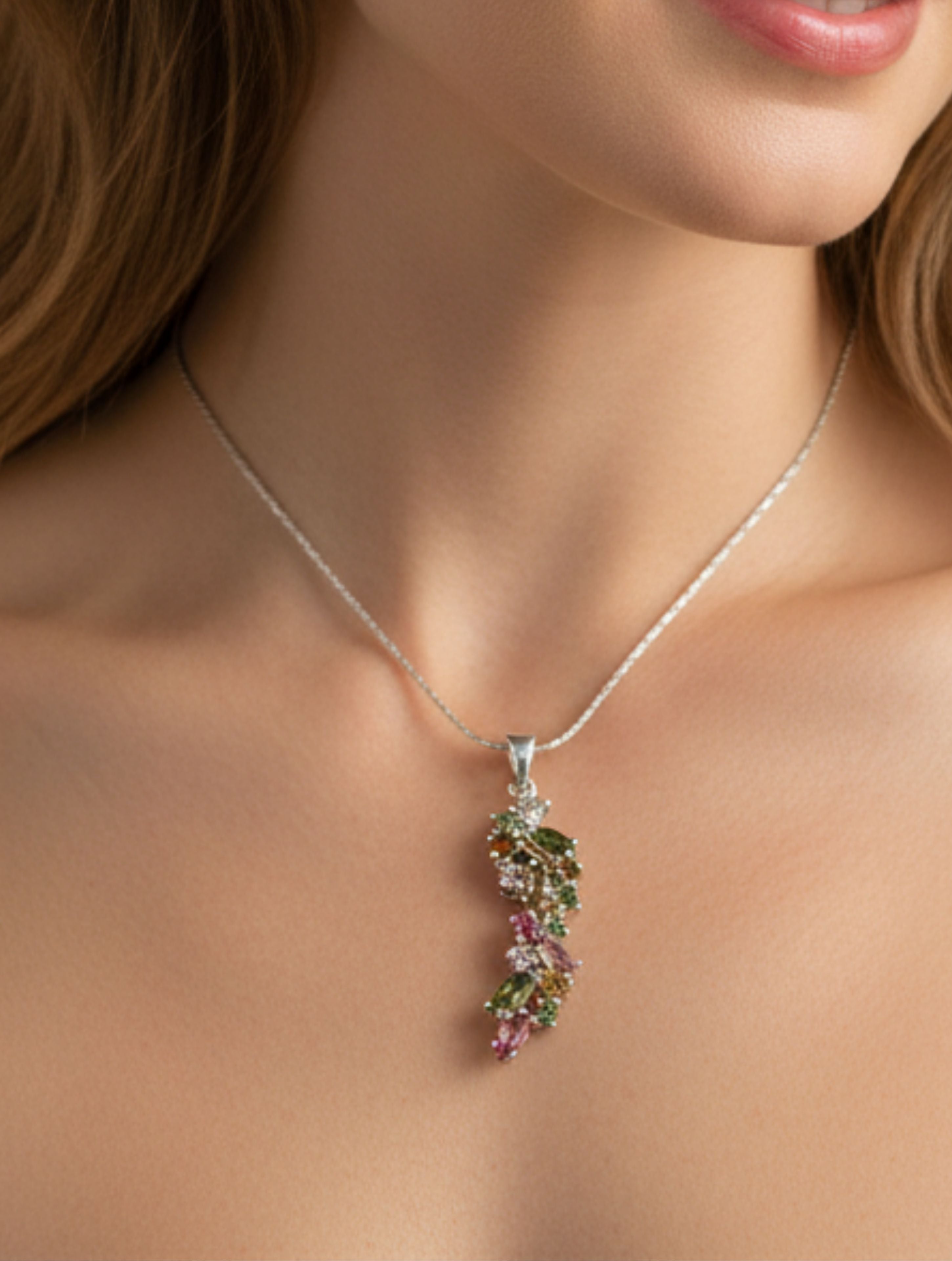 Rhodium Round and Marquise Multi Tourmaline Pietra 925 Sterling Silver Pendant For Women
