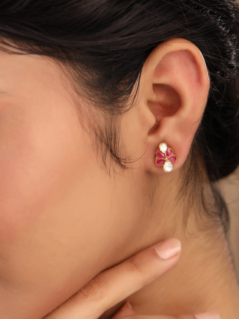 Polki Moissanite & Red Talph Stud Earrings in 925 Sterling Silver