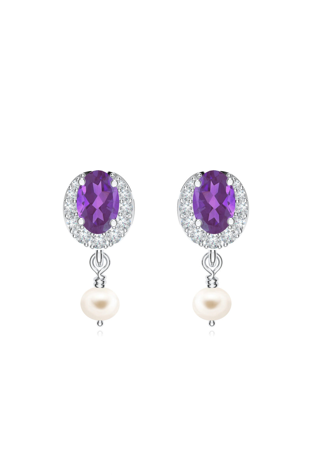 Amethyst & Moissanite Halo Studs with Dangle Pearl in 925 Sterling Silver