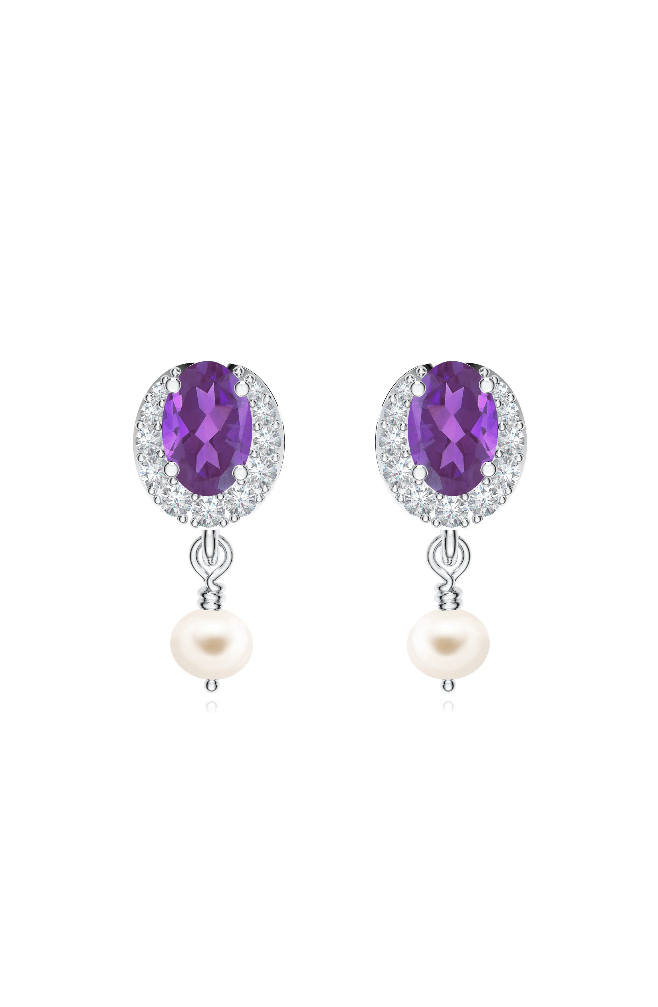 Amethyst & Moissanite Halo Studs with Dangle Pearl in 925 Sterling Silver