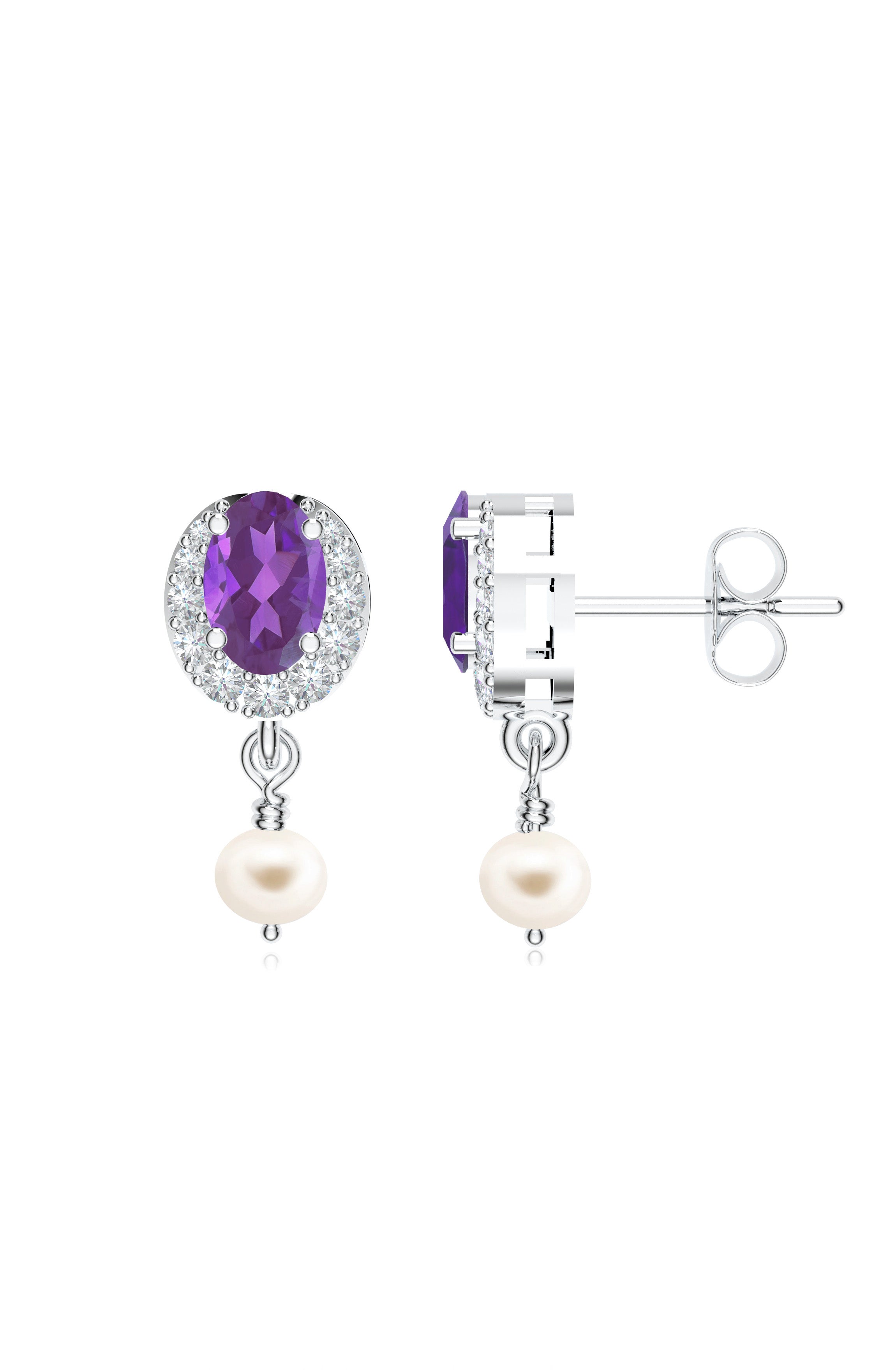 Amethyst & Moissanite Halo Studs with Dangle Pearl in 925 Sterling Silver